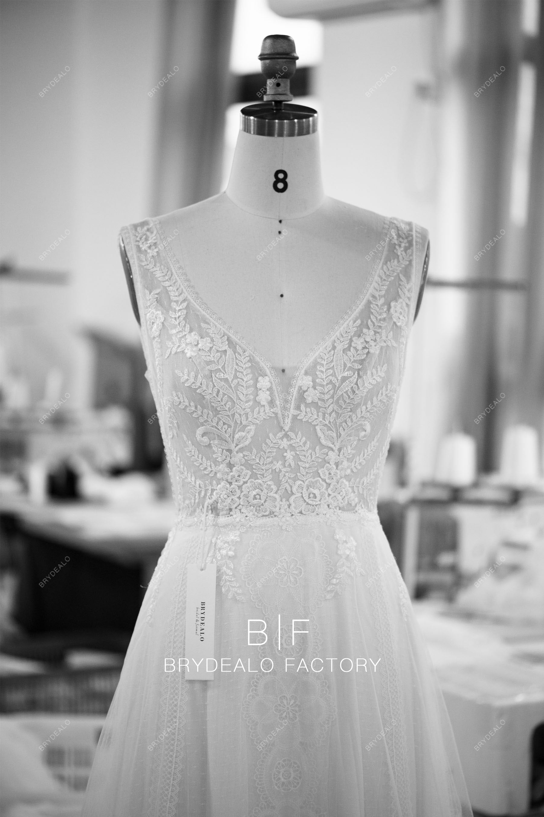 designer tailored boho lace v-neck wedding dress