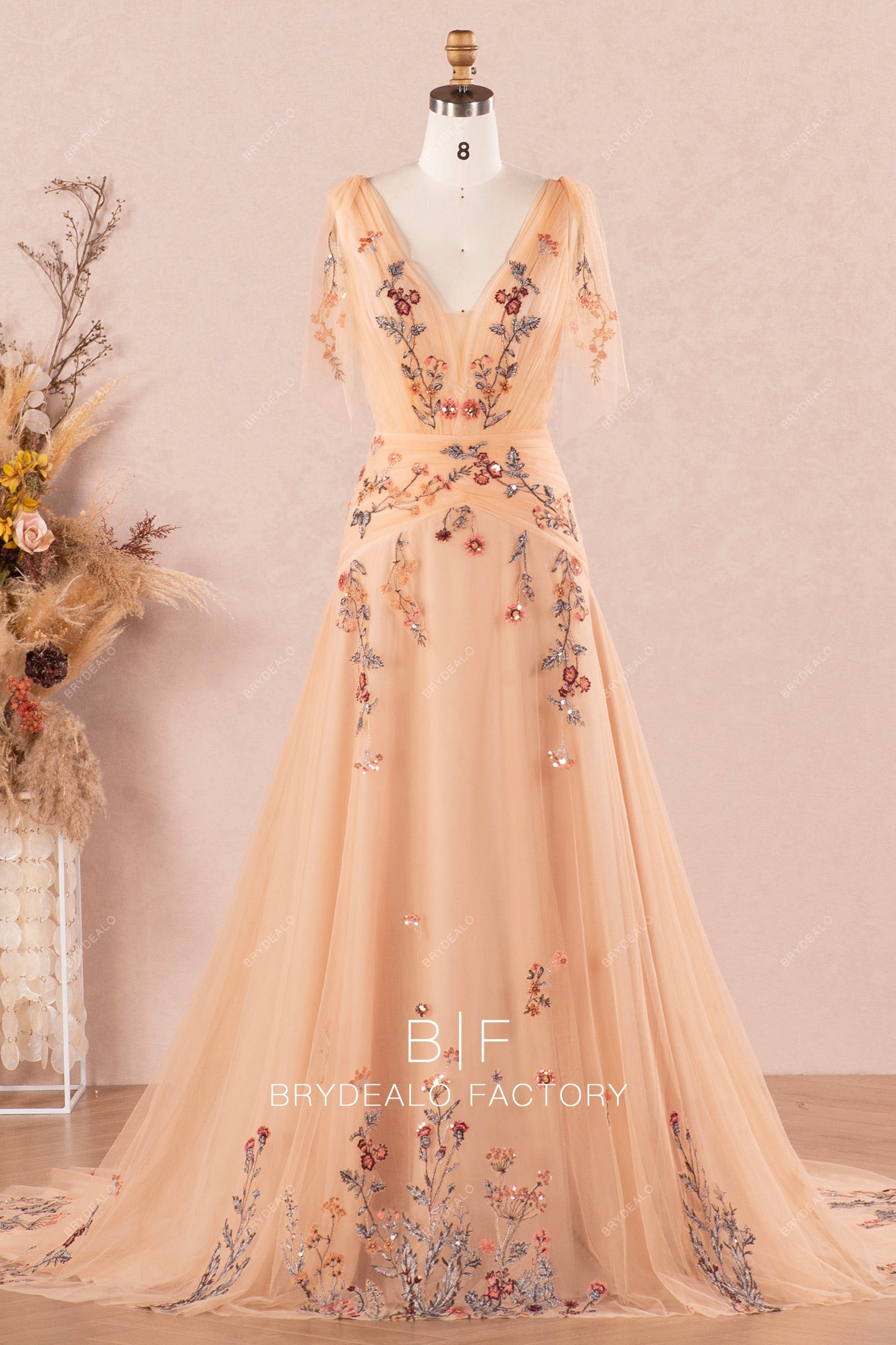 Boho Nude Colored Flower Lace Fit and Flare Spring Fall Wedding Dress – Brydealo