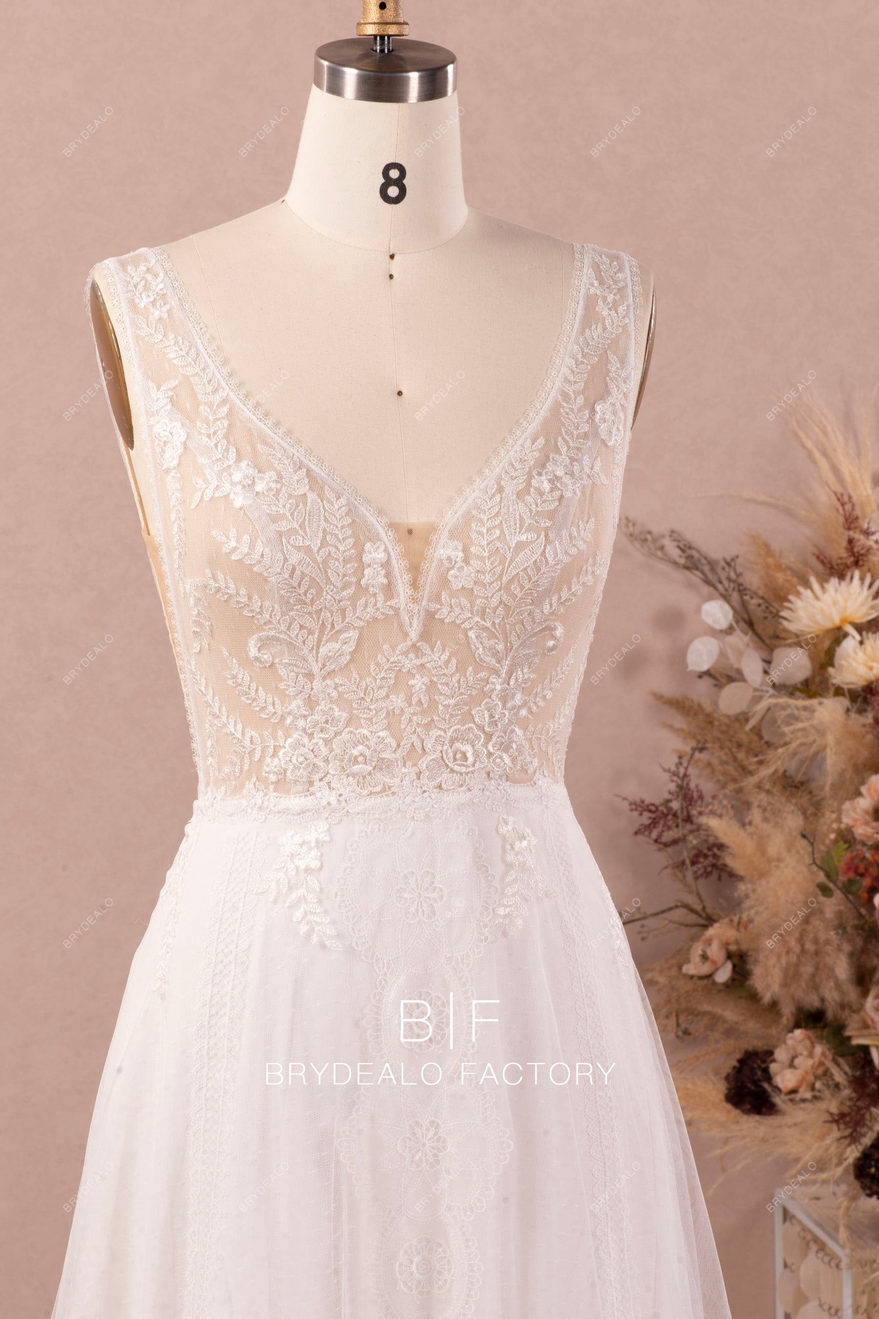 boho lace straps V-neck fall wedding dress