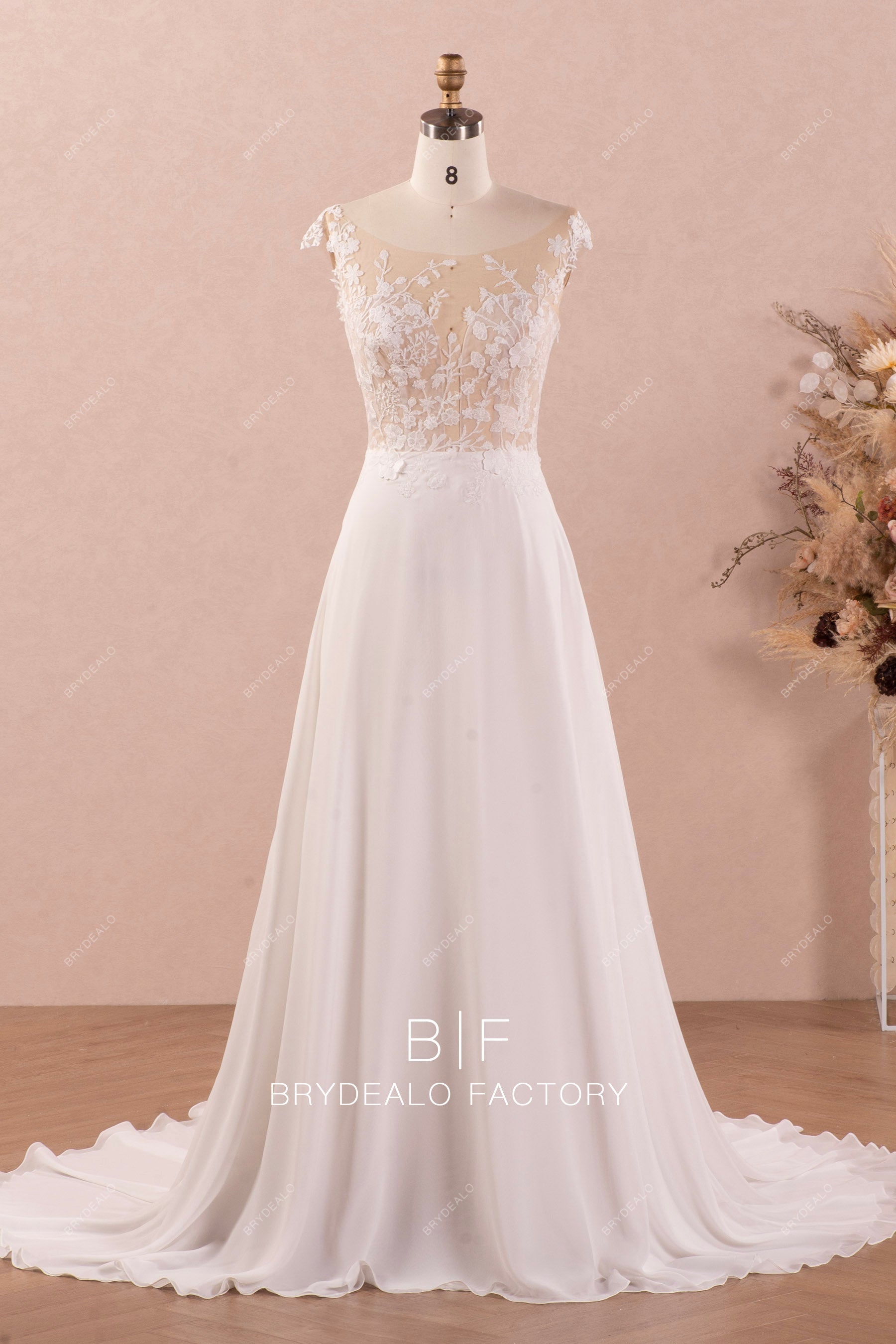botanic lace A-line chiffon summer beach wedding dress