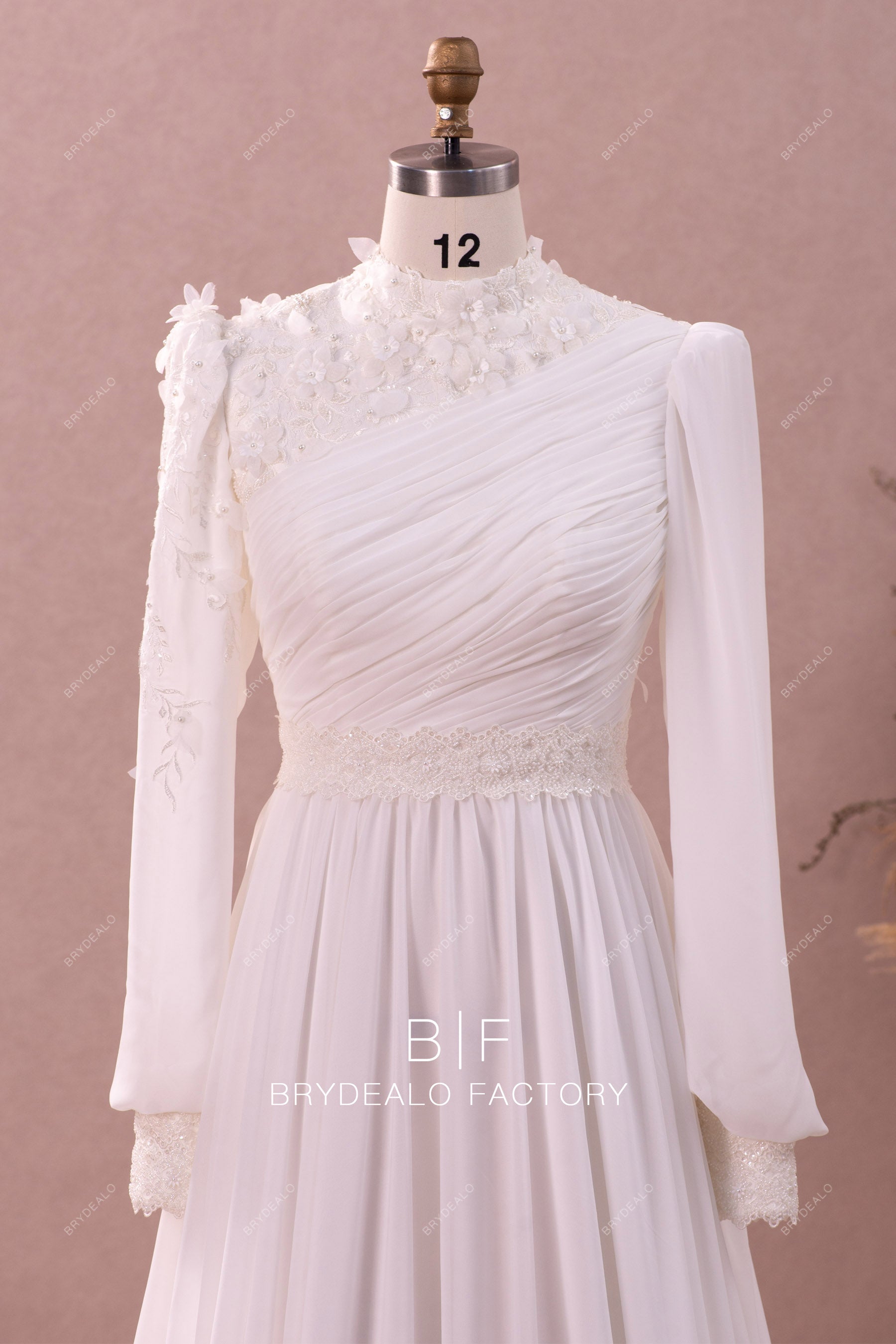 bubble sleeves high neck Muslim American wedding dress