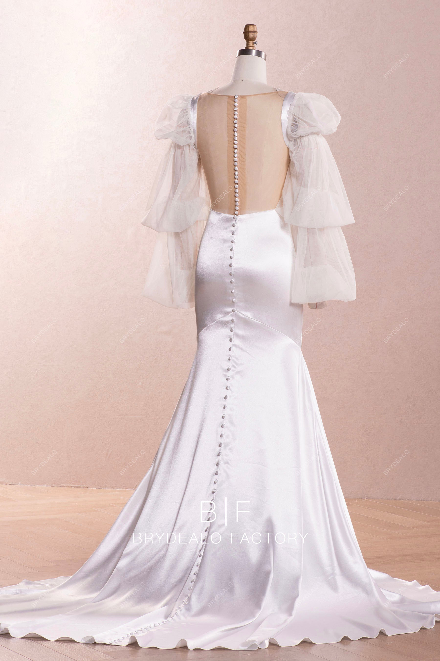 illusion back elegant satin mermaid bridal gown