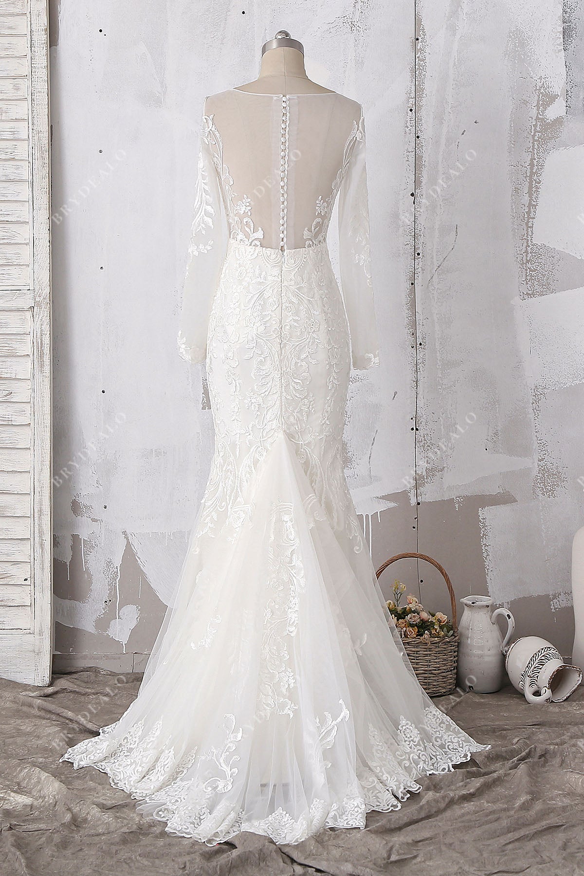 sheer back sleeves trumpet wedding dress