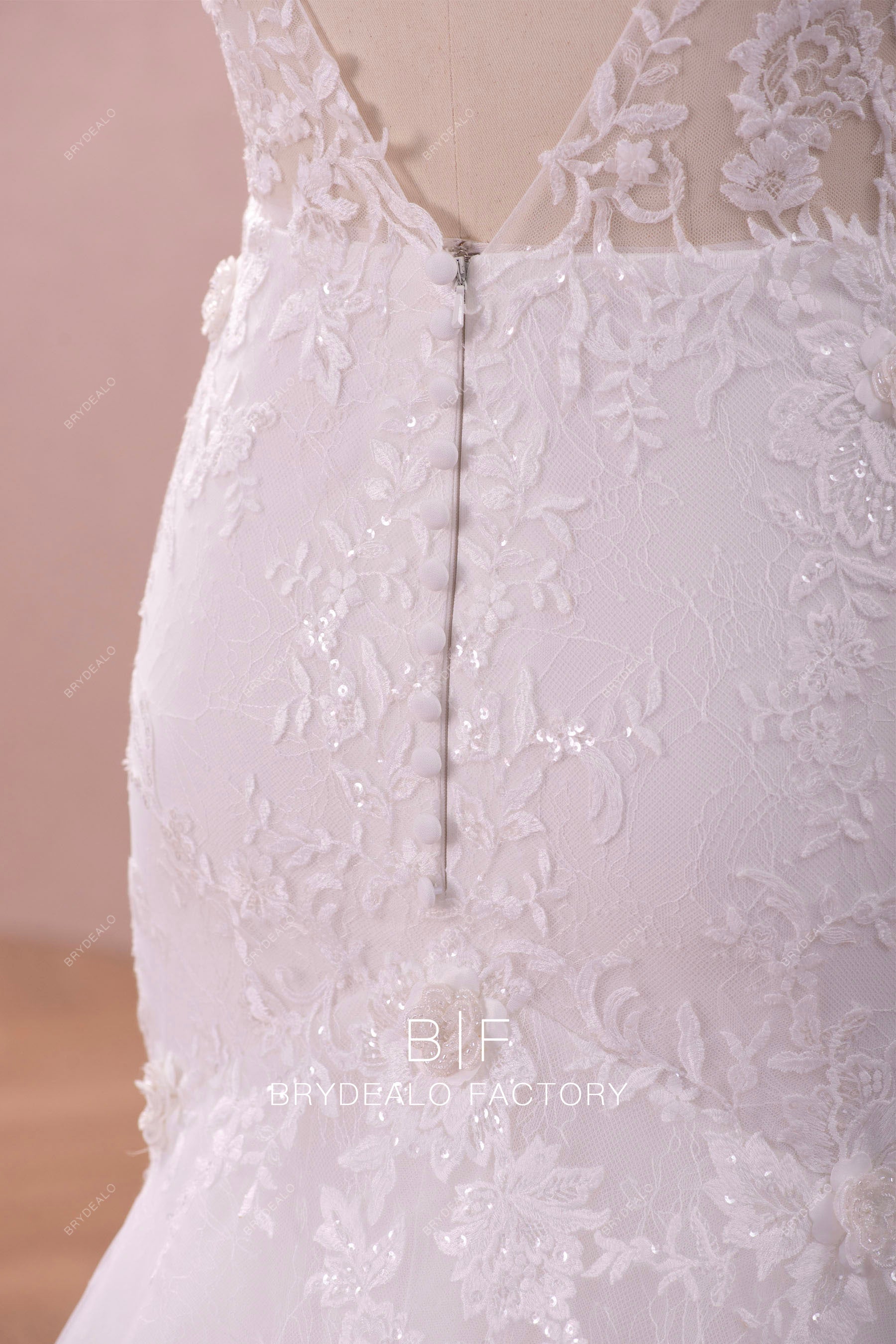 buttoned  sheer back lace bridal gown