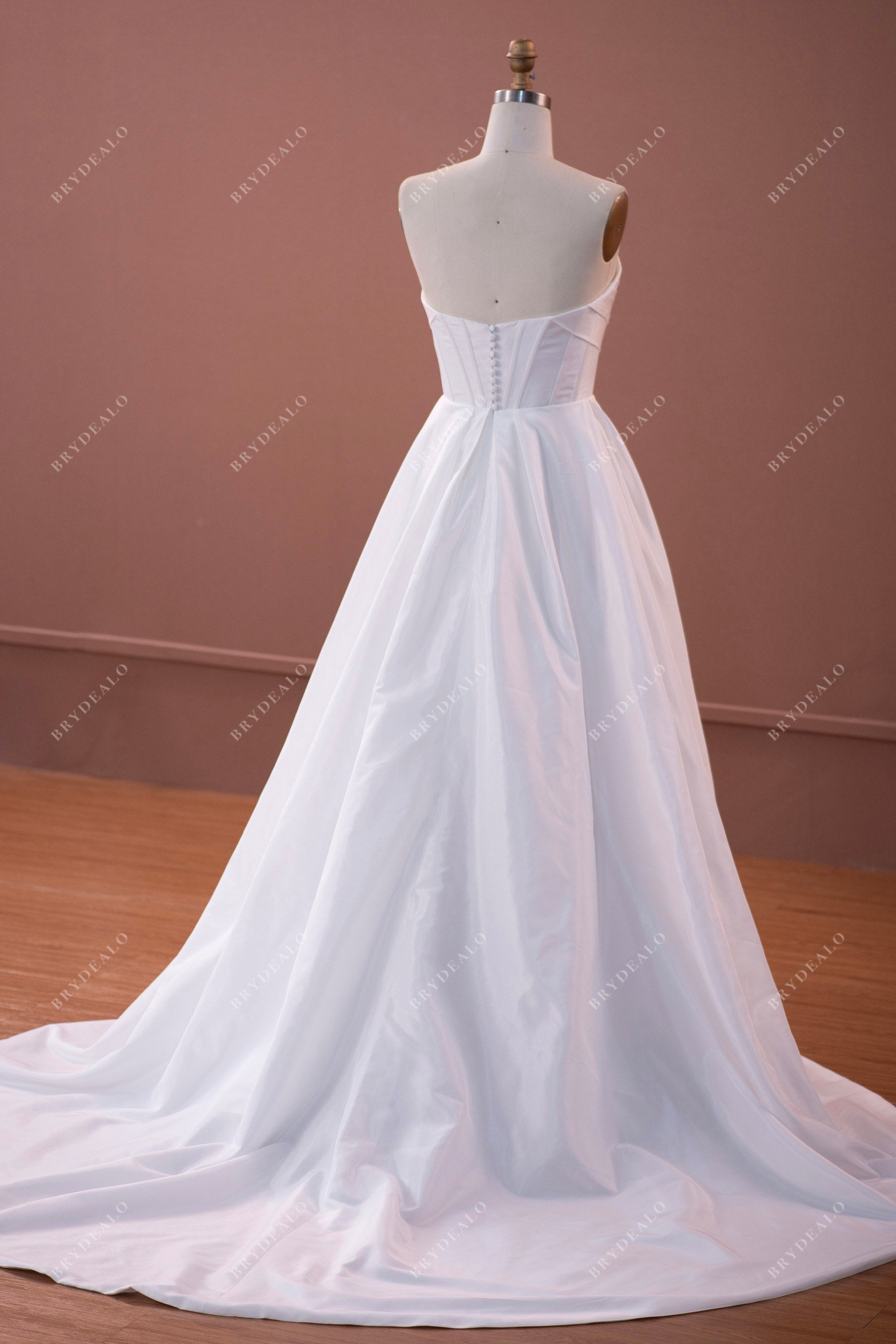buttoned back long train taffeta wedding dress
