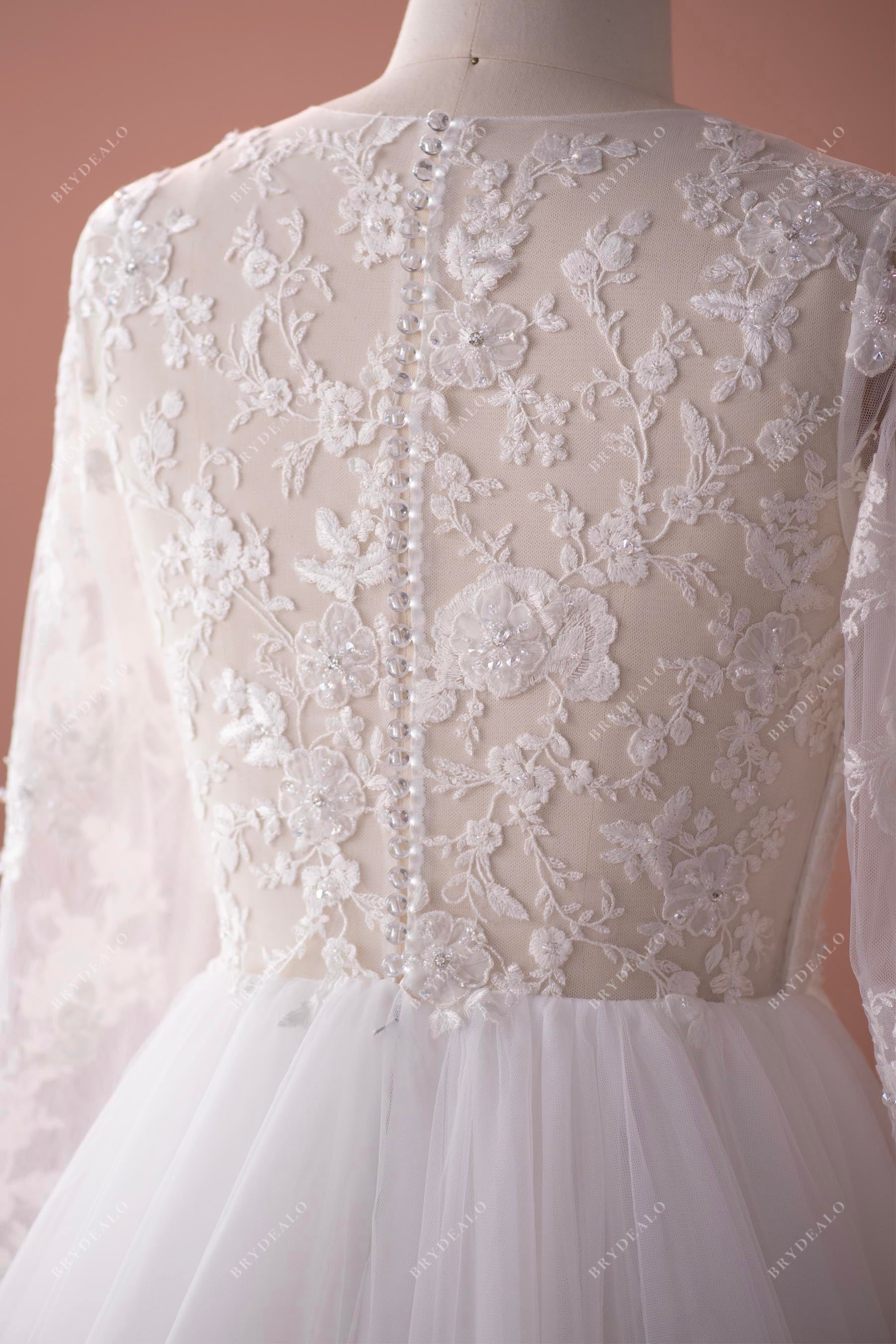 buttoned illusion lace back romantic A-line wedding dress