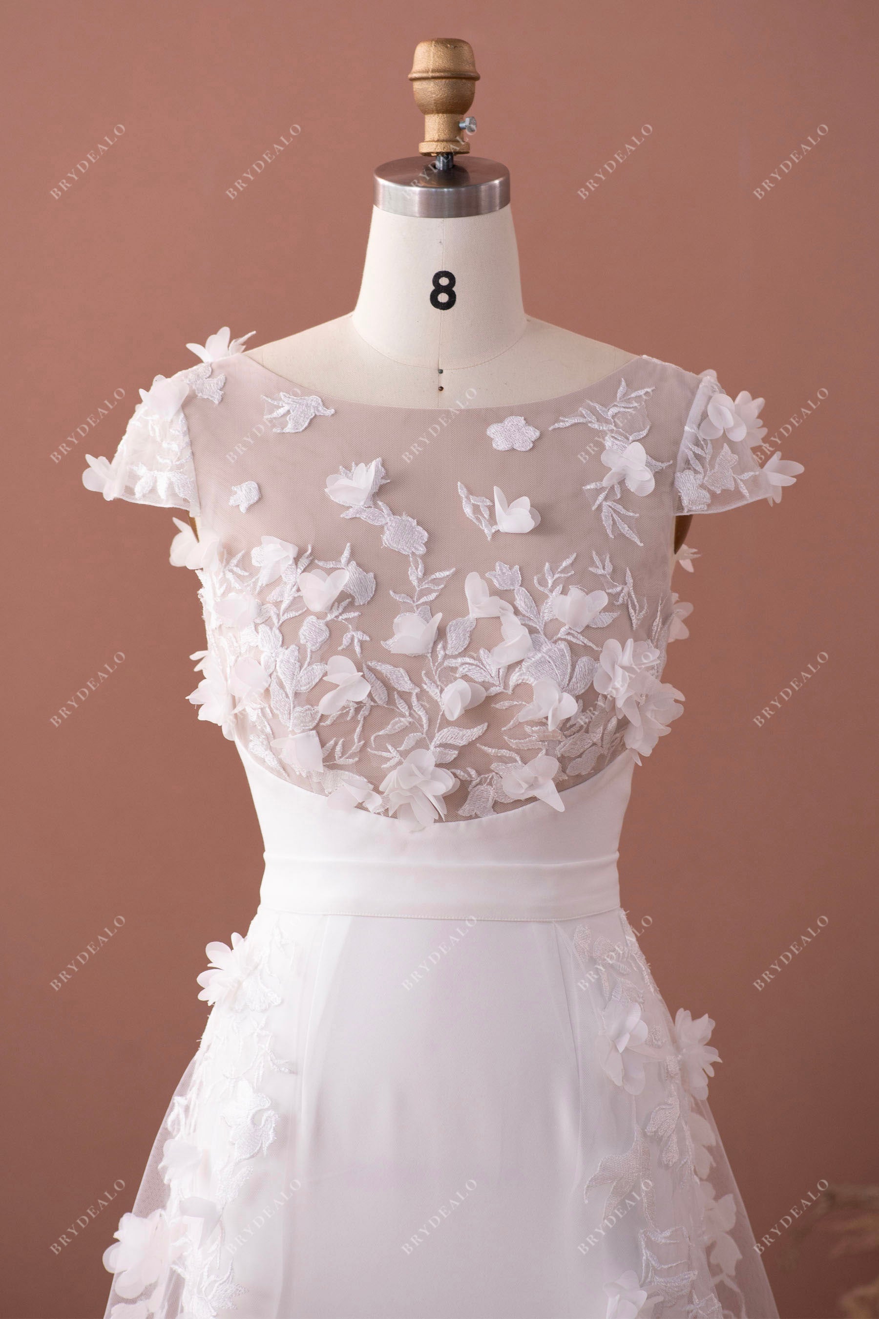 designer sheer cap sleeve wedding gown