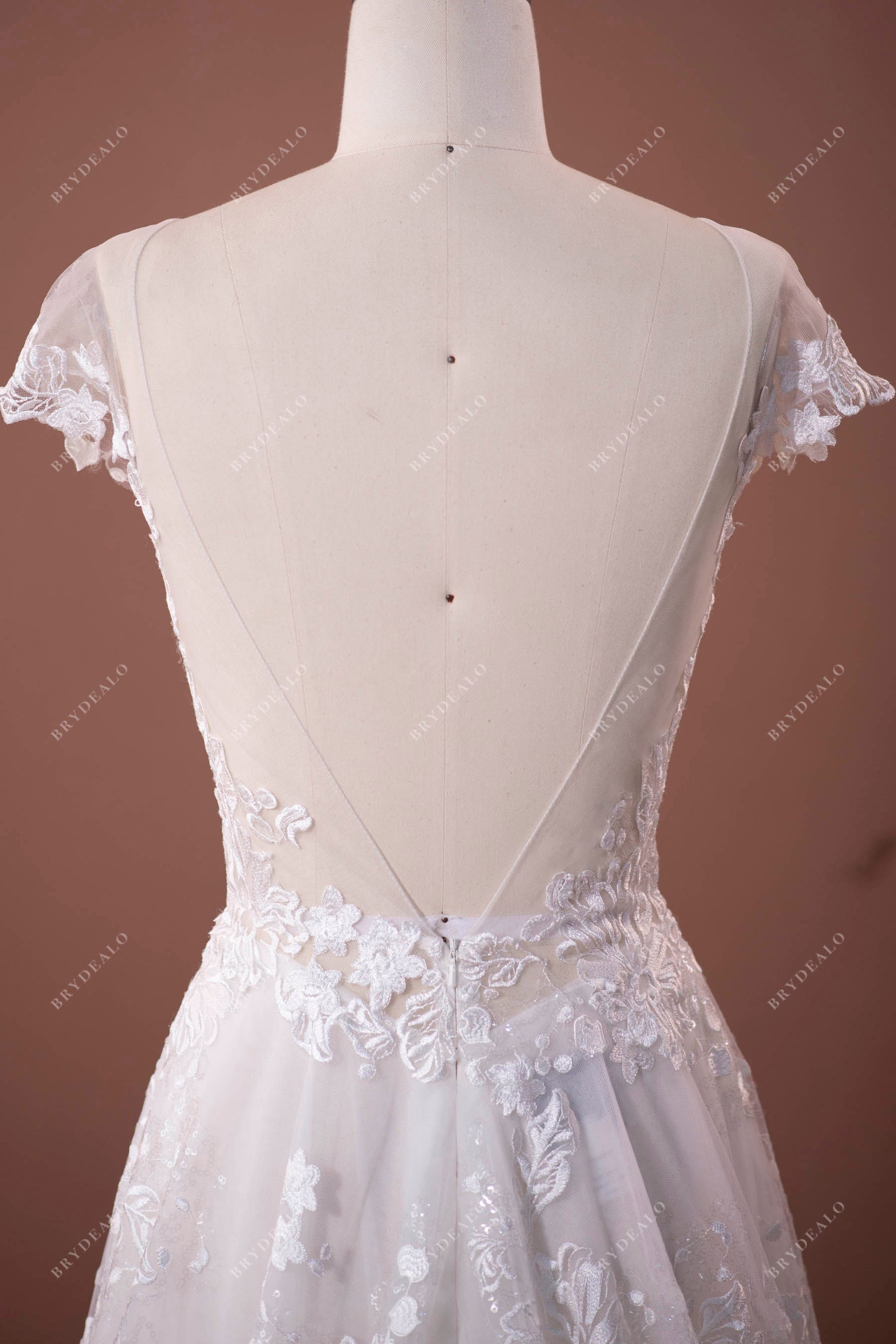 Lace Cap Sleeve Sexy Open V-back Bridal Gown