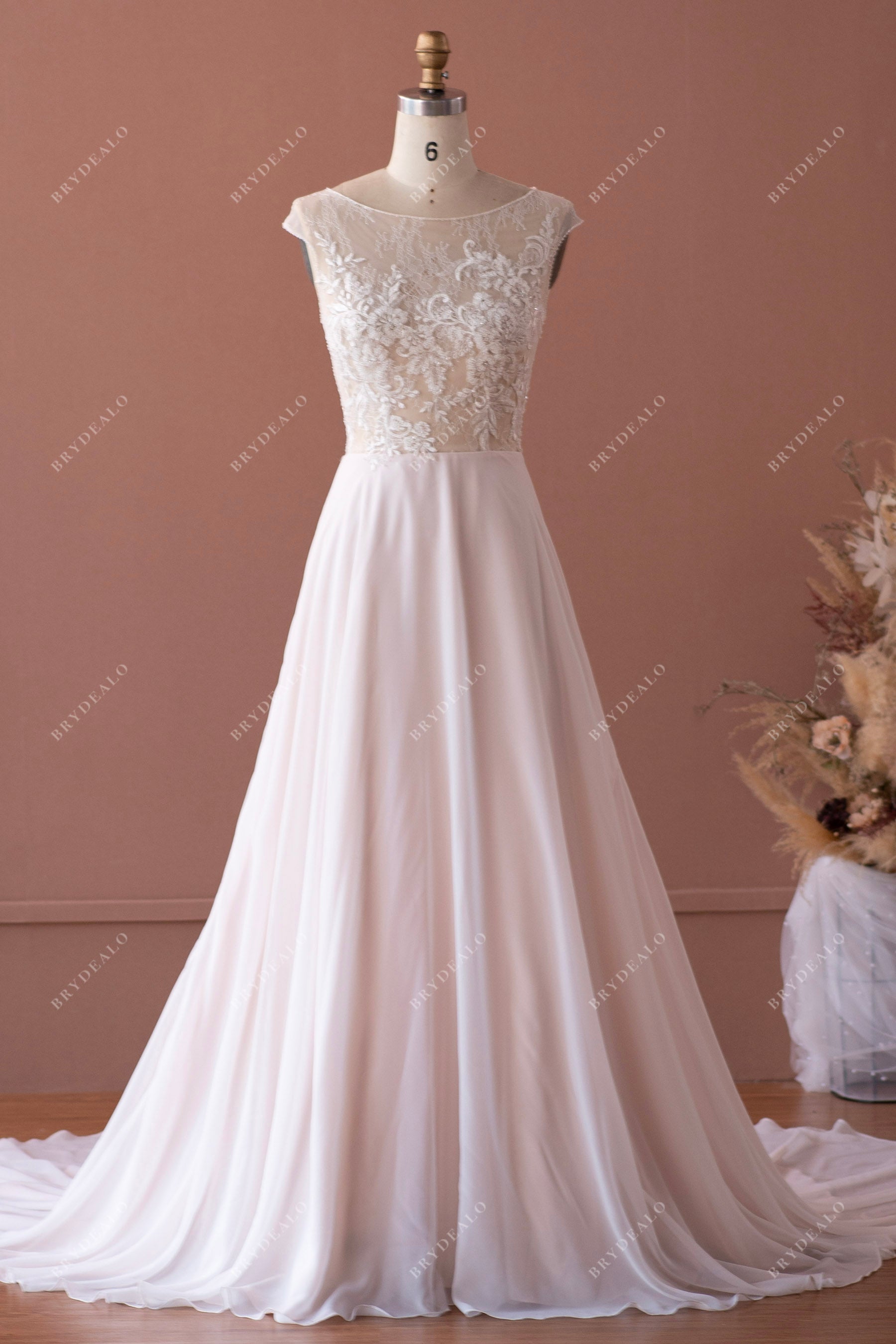 Designer illusion bateau neck chiffon wedding dress