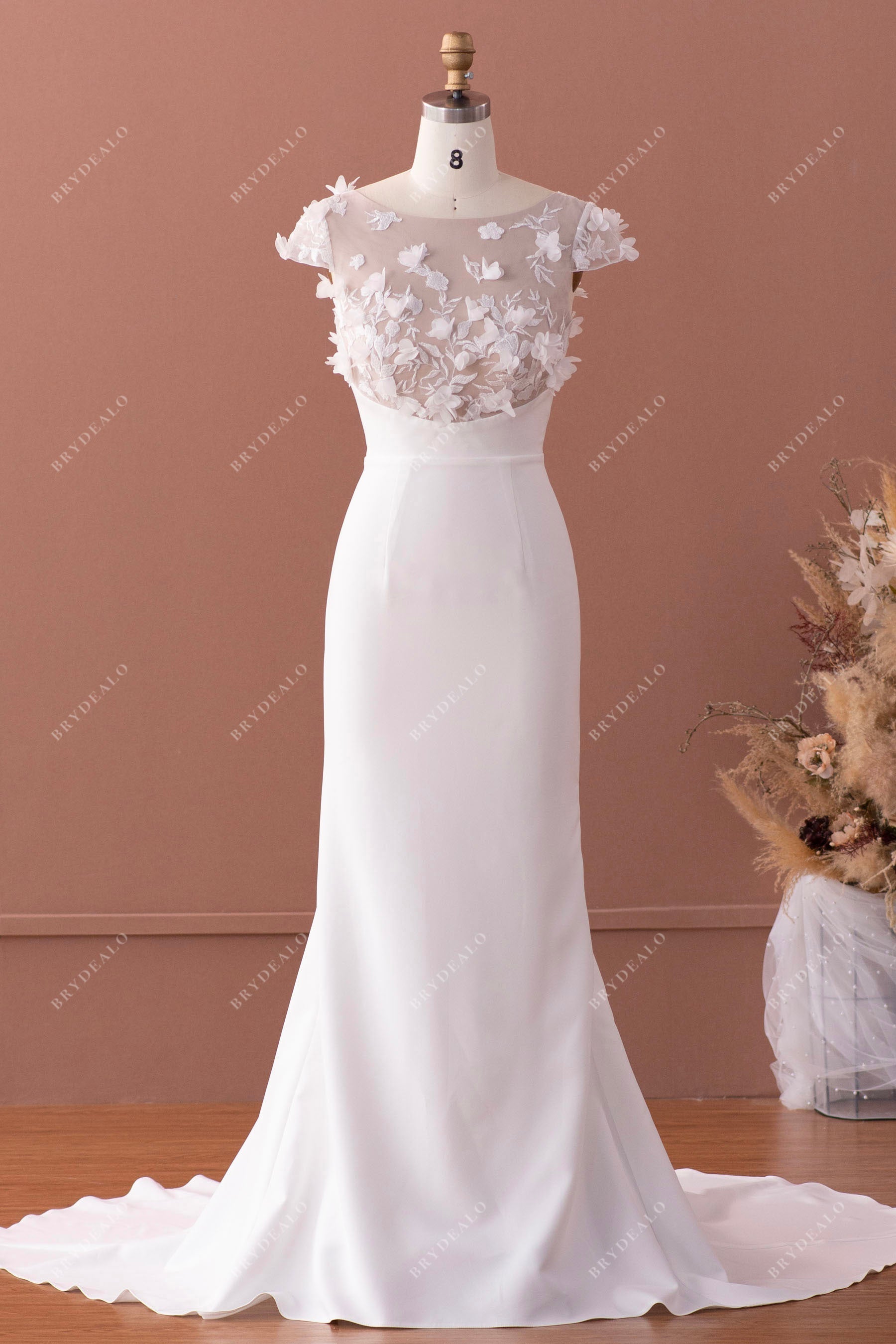 cap sleeve 3D flower lace crepe mermaid wedding dress