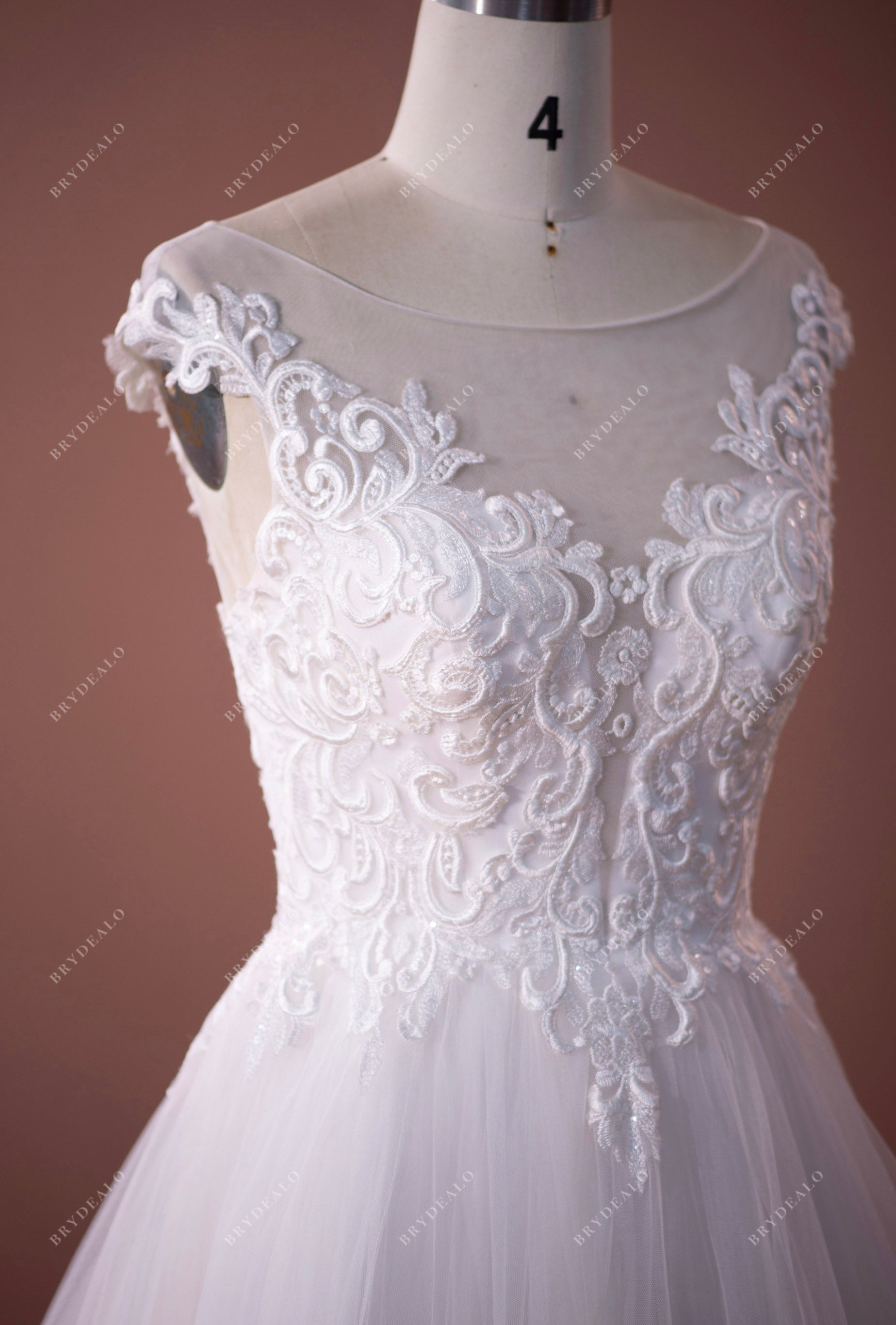 stylish illusion neck cap sleeves lace bridal gown