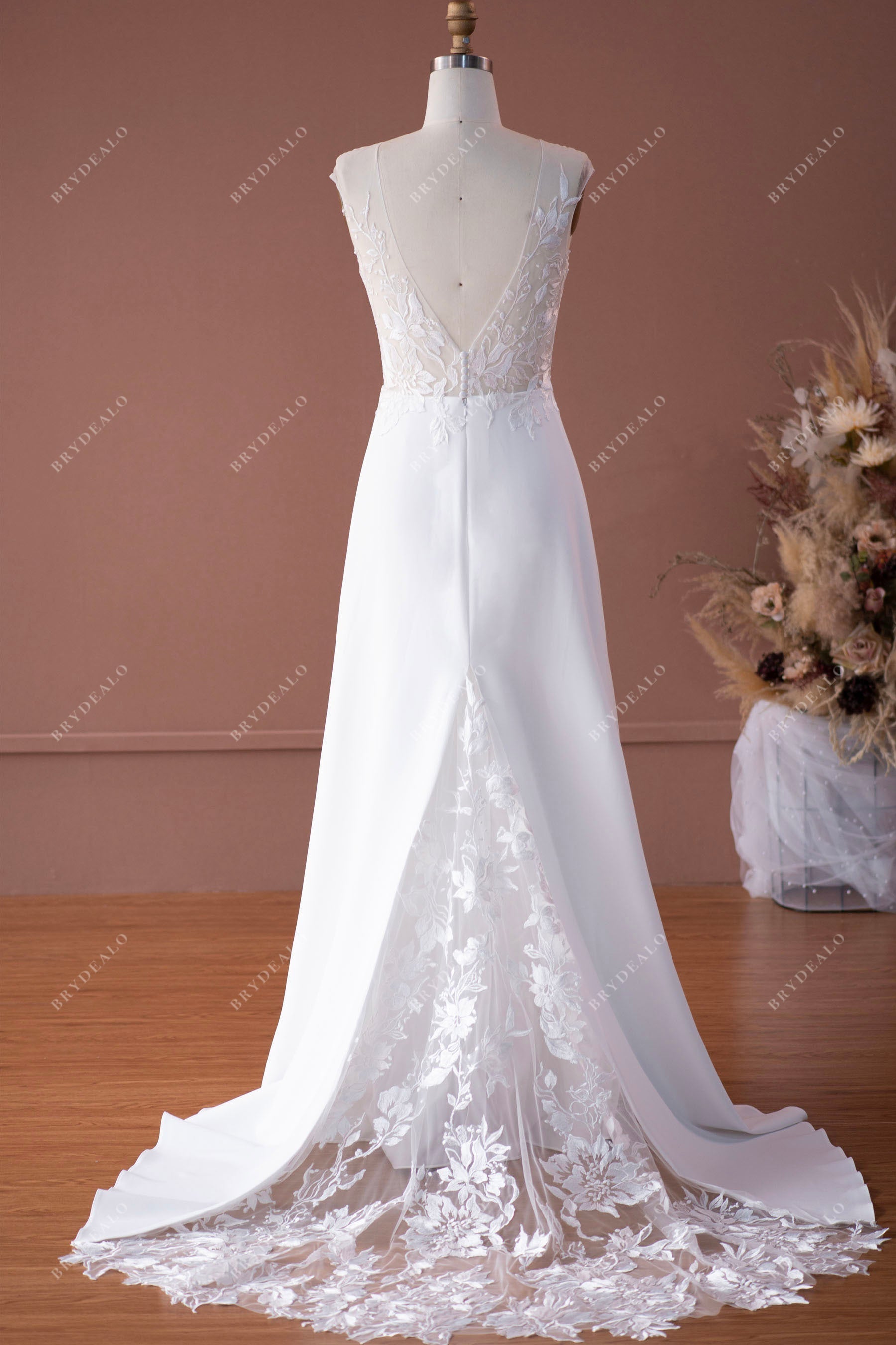 open V-back illusion lace godet bridal gown