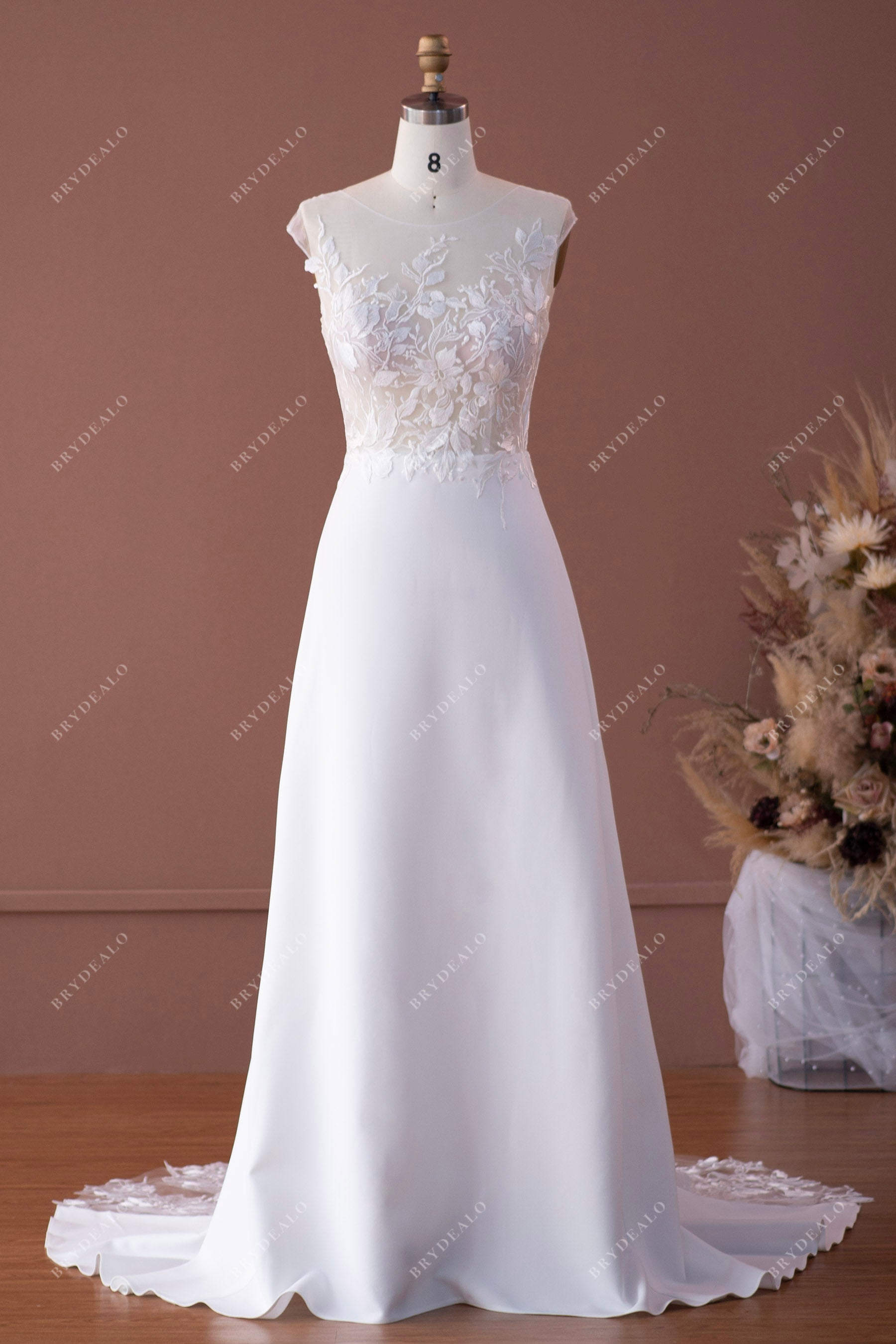 Beautiful Spring & Fall Wedding Dress: Illusion Bodice, Cap Sleeves, Lace Godet – Brydealo