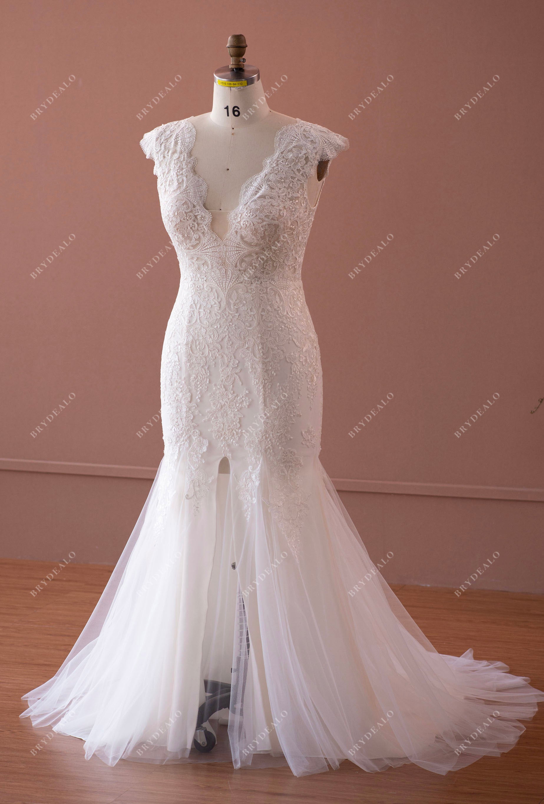 plus size cap sleeve slit trumpet destination wedding gown