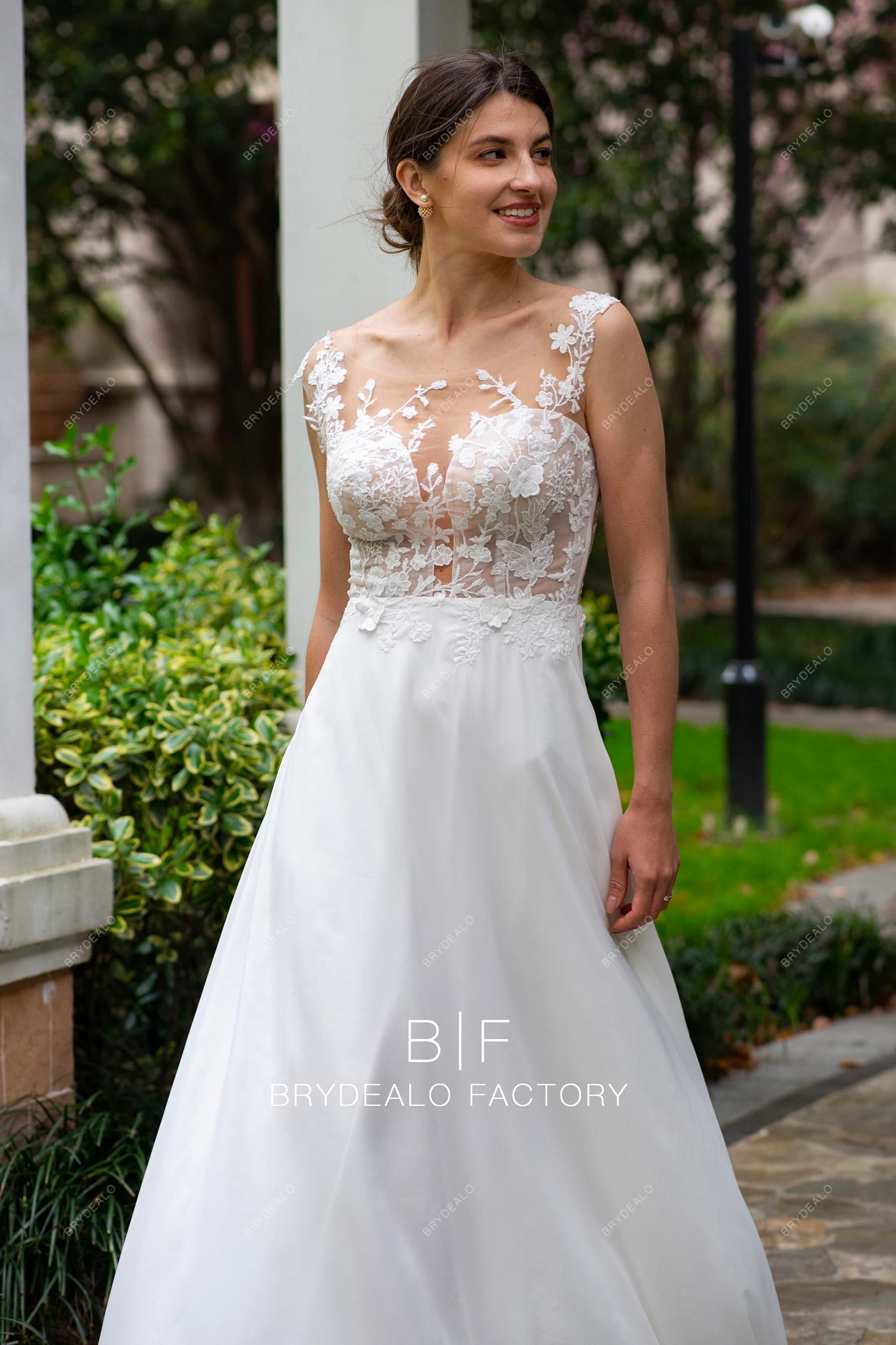 cap sleeve sheer neck lace beach wedding dress