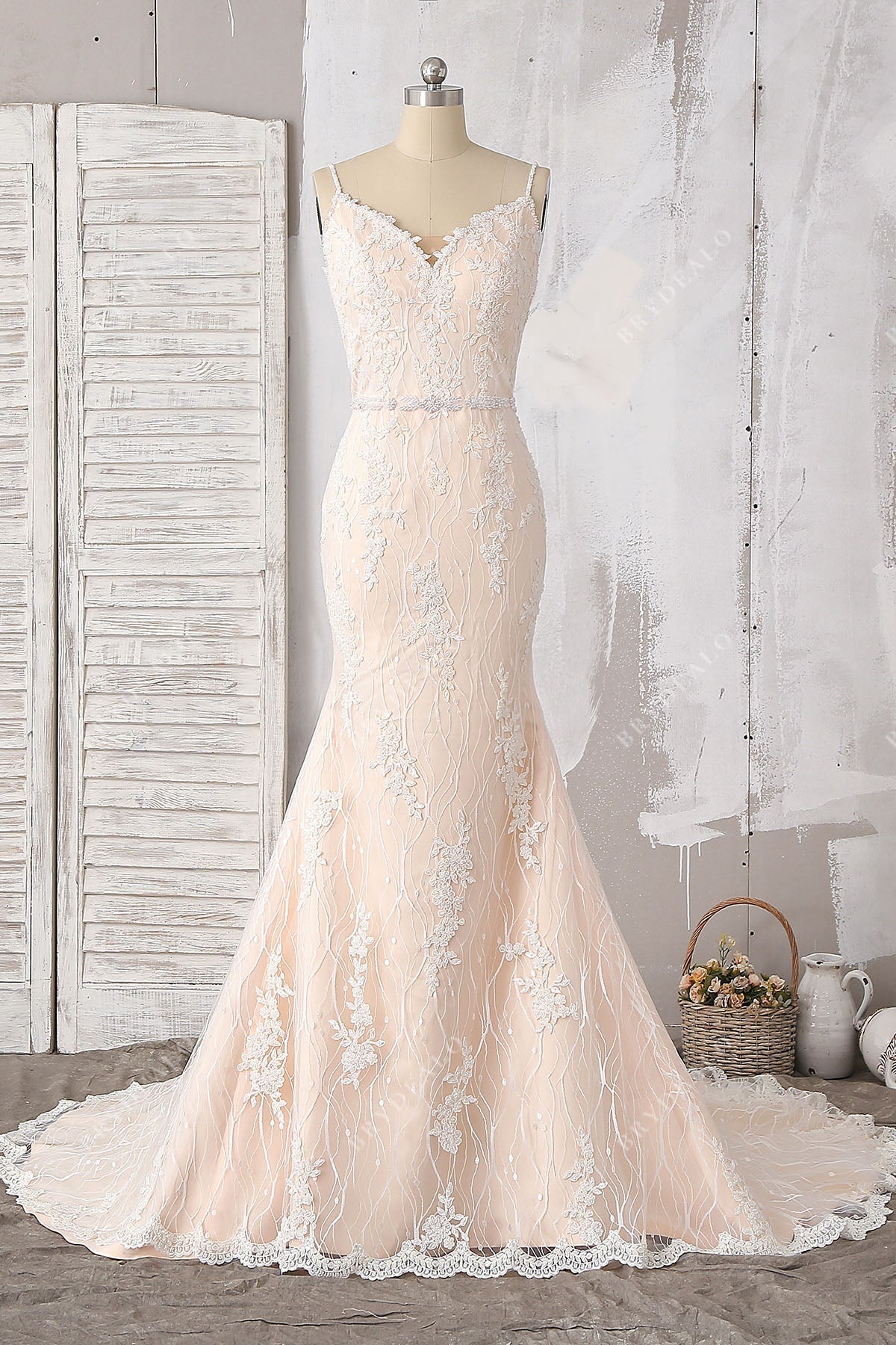 Beaded Lace Straps Stylish V-back Mermaid Bridal Dress