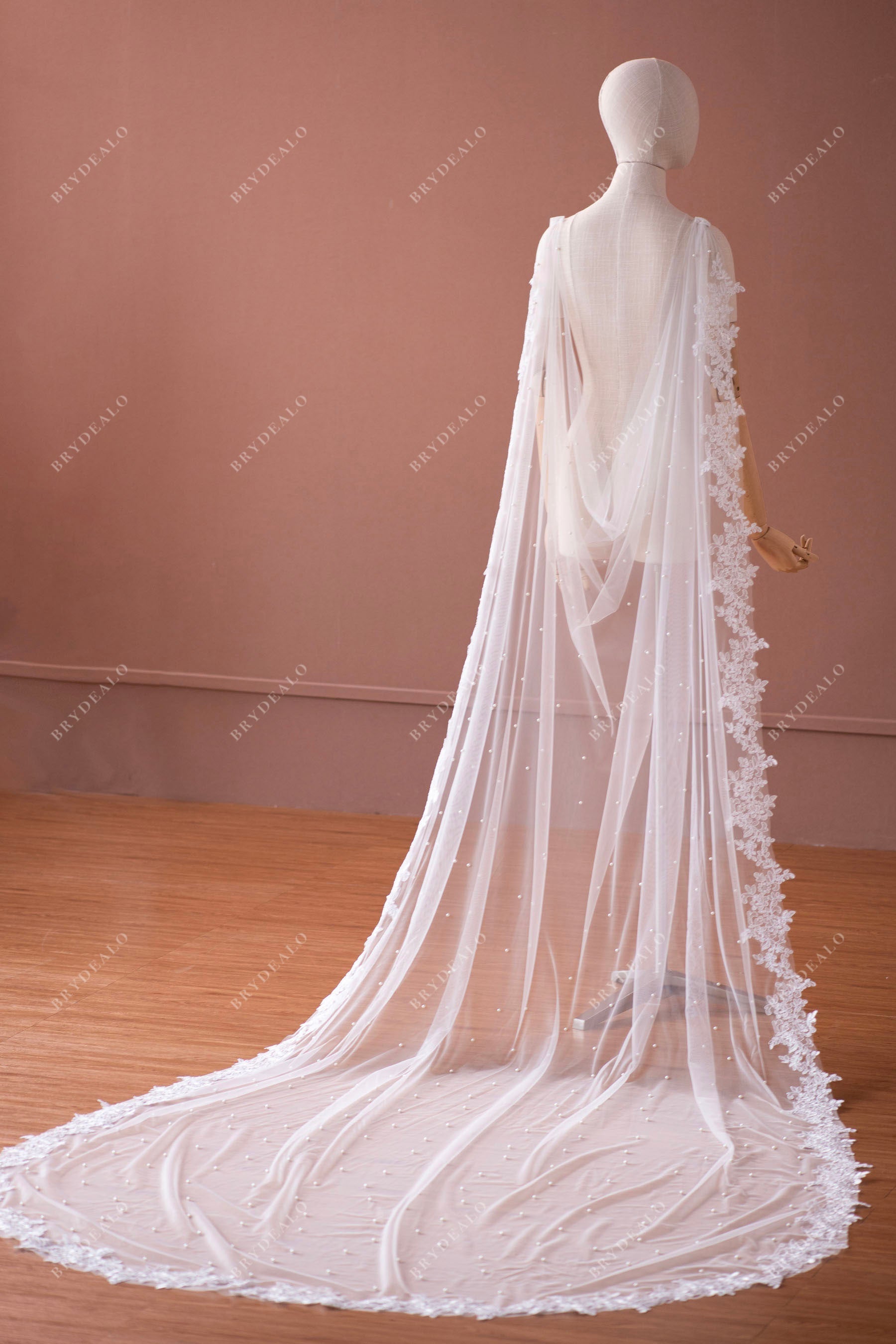 Saggy chapel length pearl lace bridal cape 