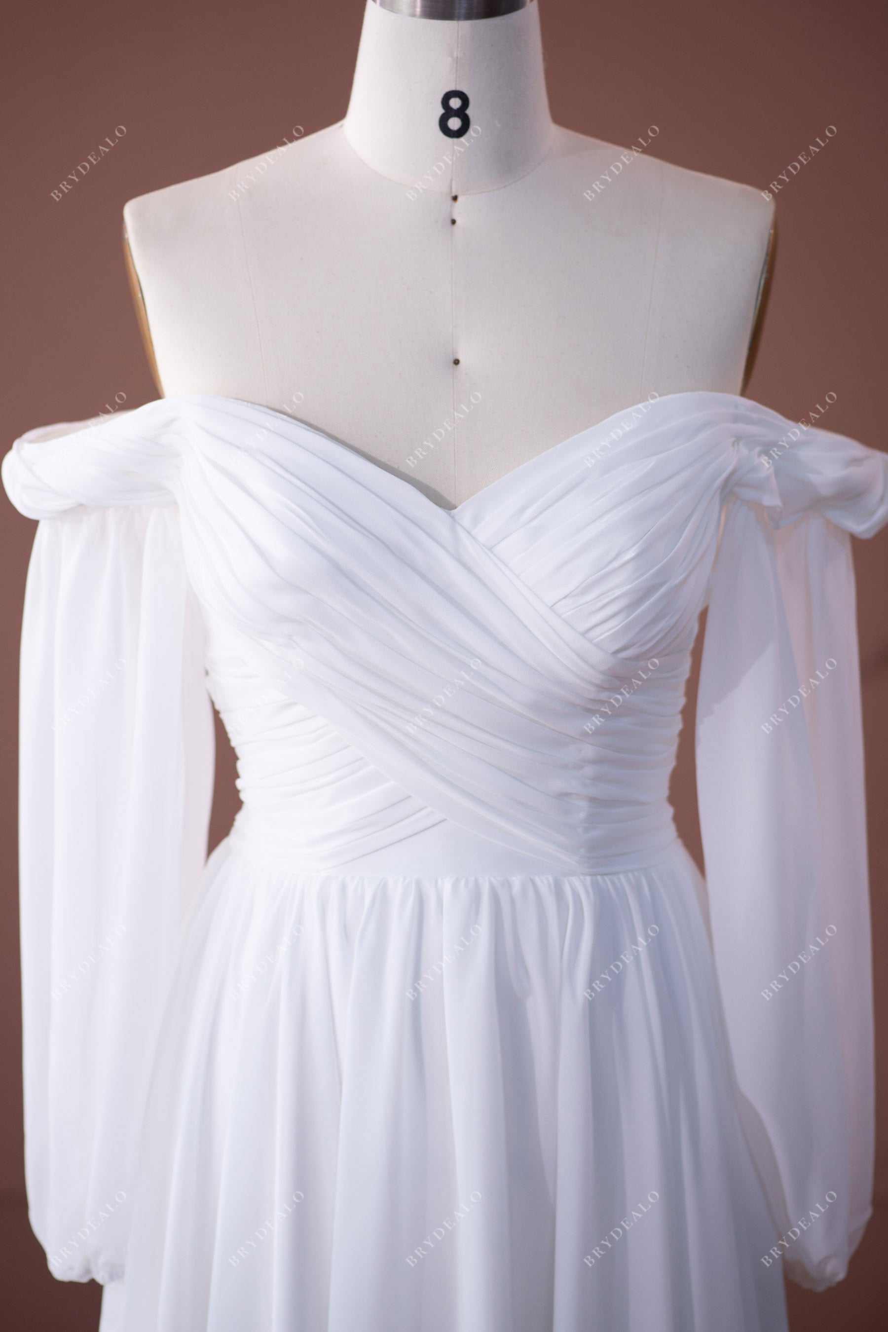 off shoulder crisscross pleated beach bridal gown