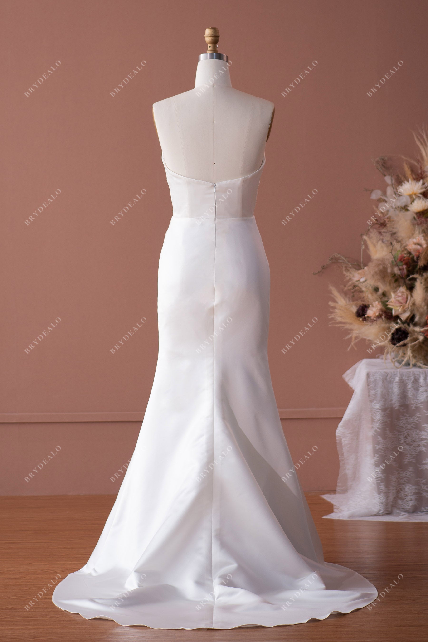 open back strapless mermaid satin simple bridal gown
