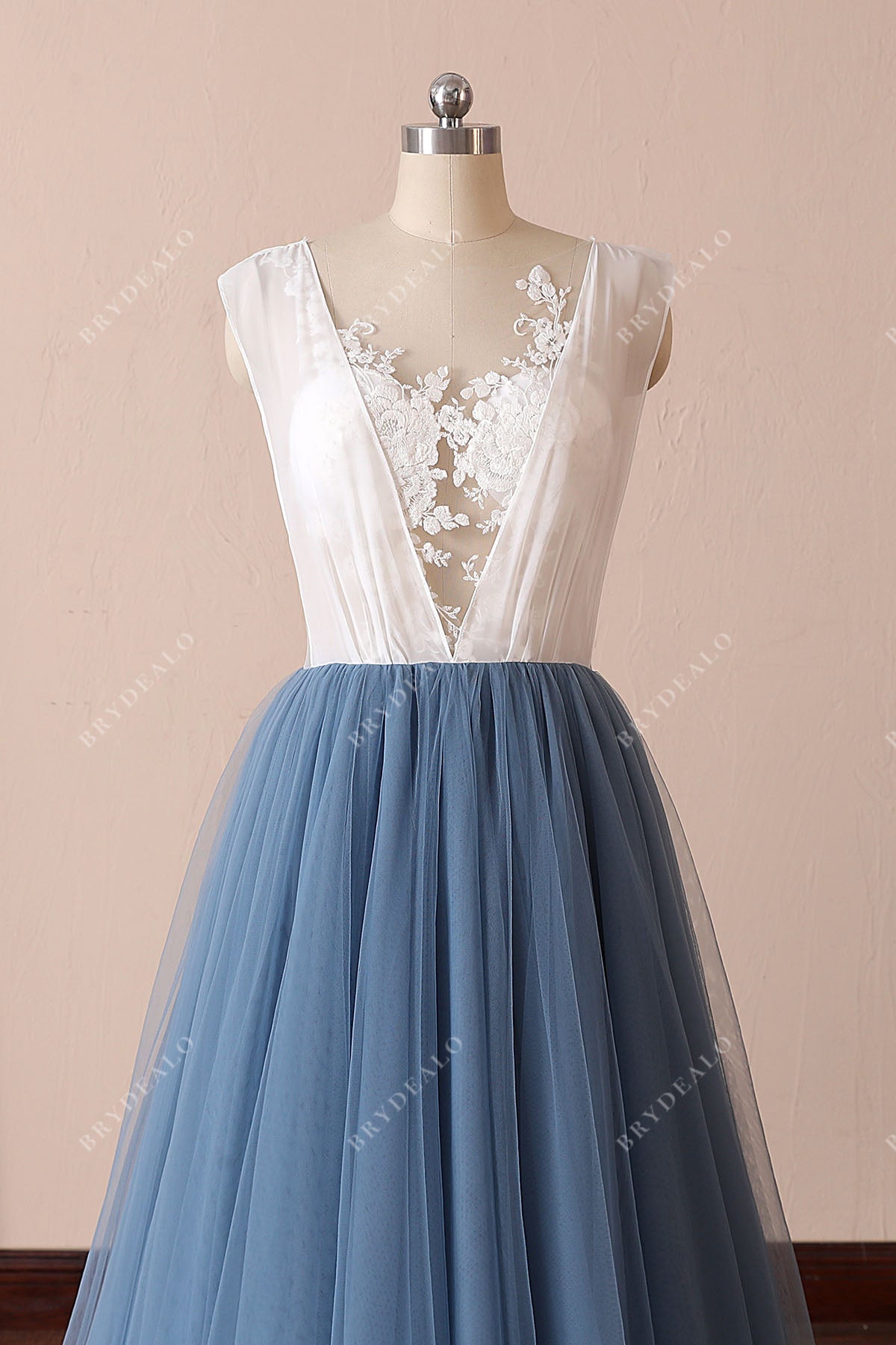 Two-Tone Destination Wedding Dress with Dusty Blue Tulle Skirt Brydealo Two-Tone Destination Wedding Dress with Dusty Blue Tulle Skirt Brydealo