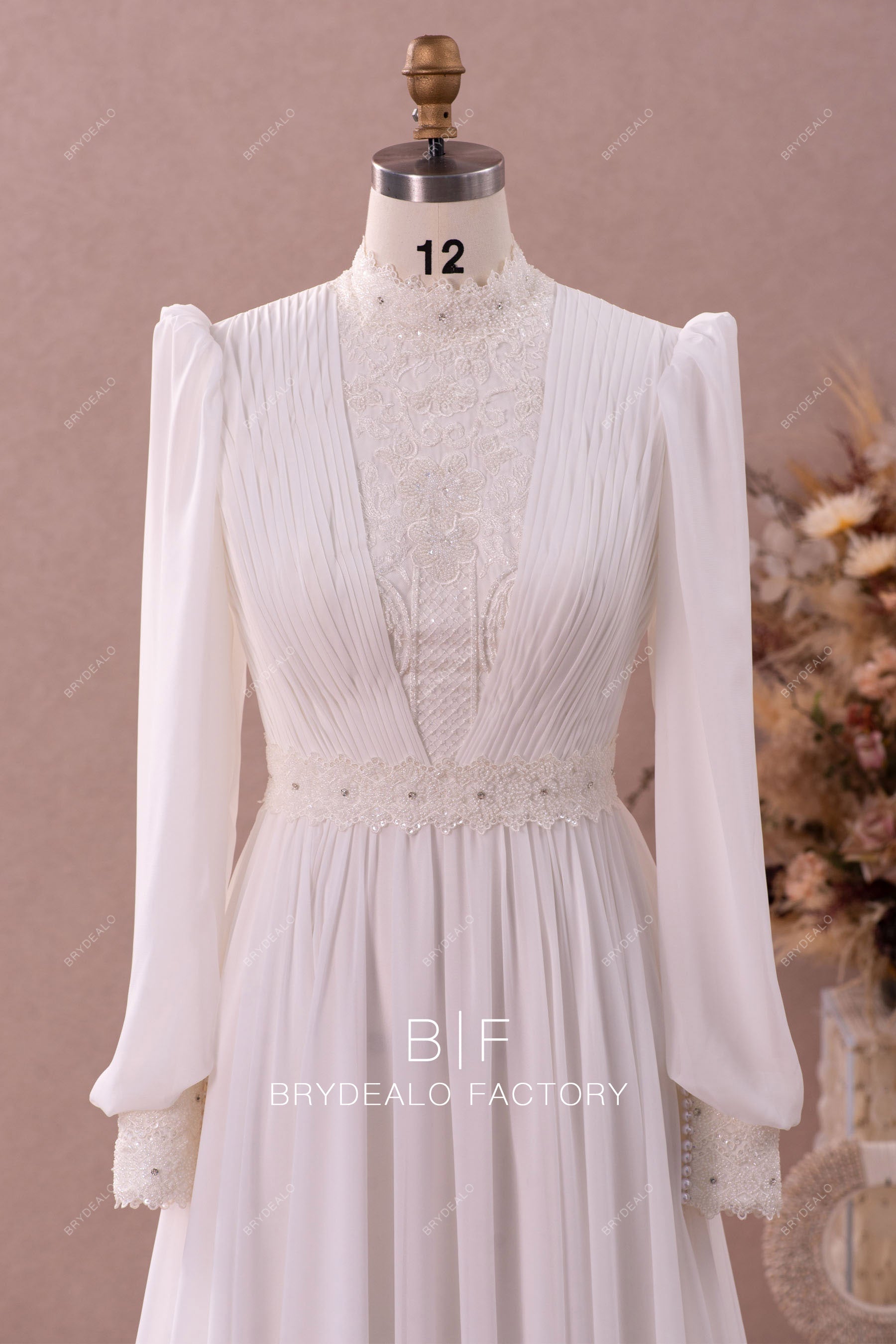 conservative high neck sleeved demure wedding dress