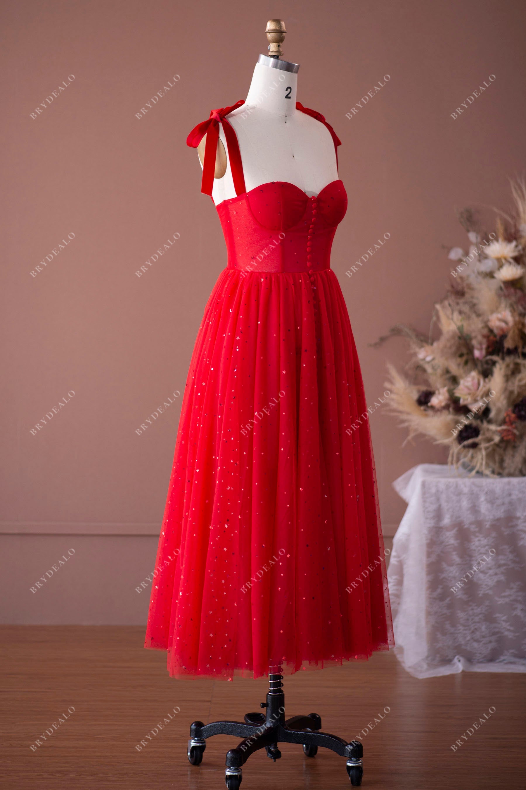 Red Shoulder Tie Corset Tea Length Prom Dress Brydealo Red Shoulder Tie Corset Tea Length Prom Dress Brydealo