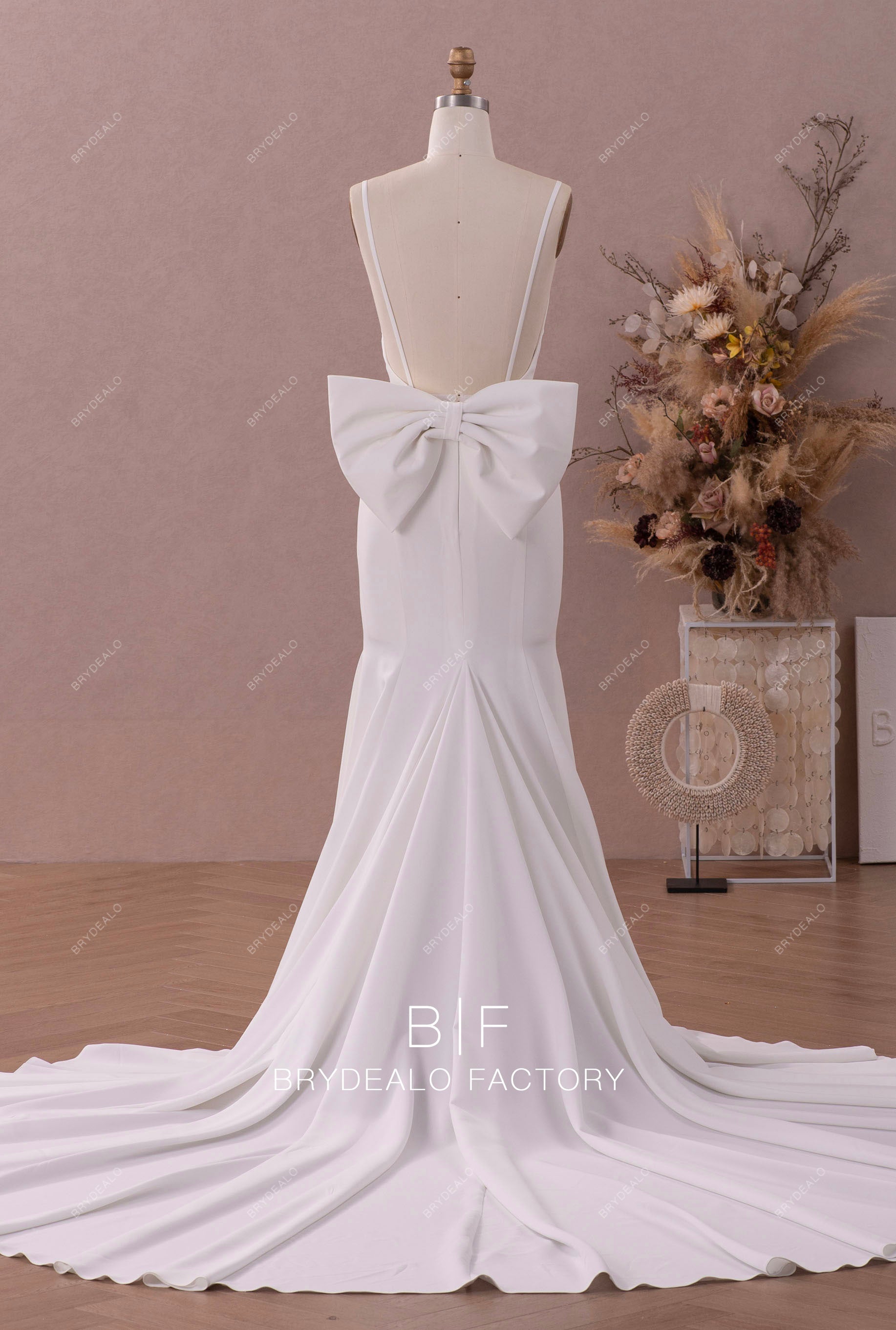 crepe open back chapel train mermaid wedding dress