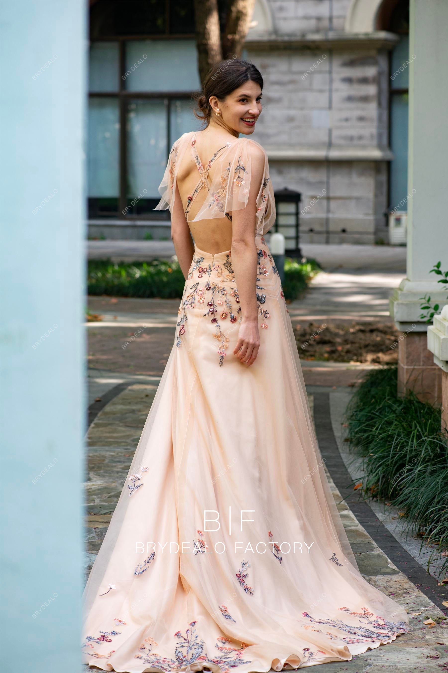 crisscross back boho floral long train wedding dress