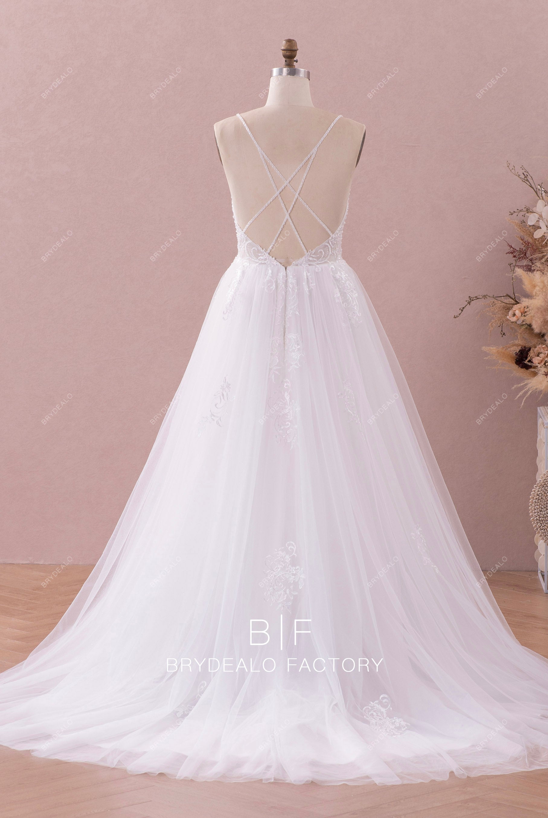 sleeveless criss-cross back long wedding dress