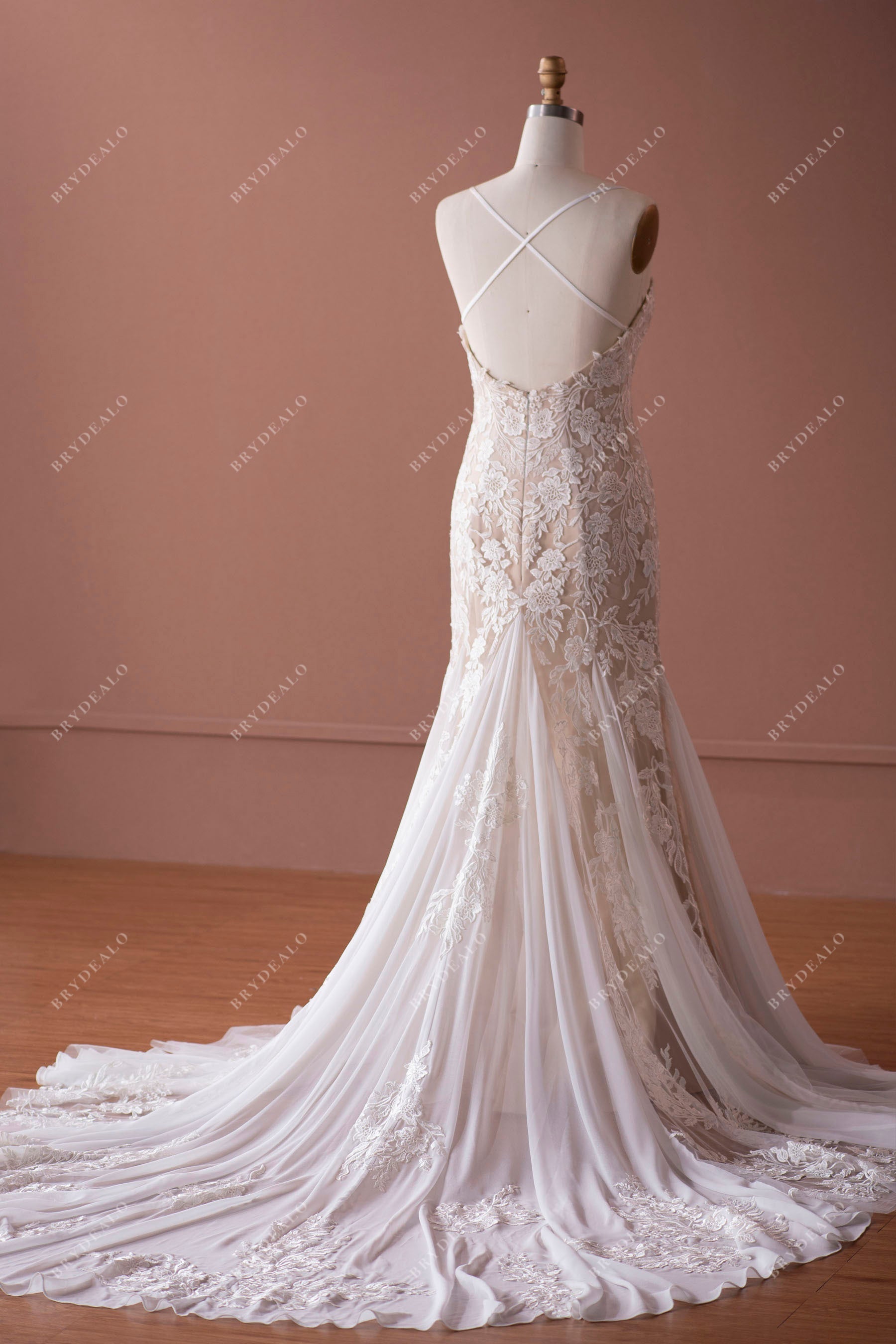 long train crisscross back trumpet destination bridal gown