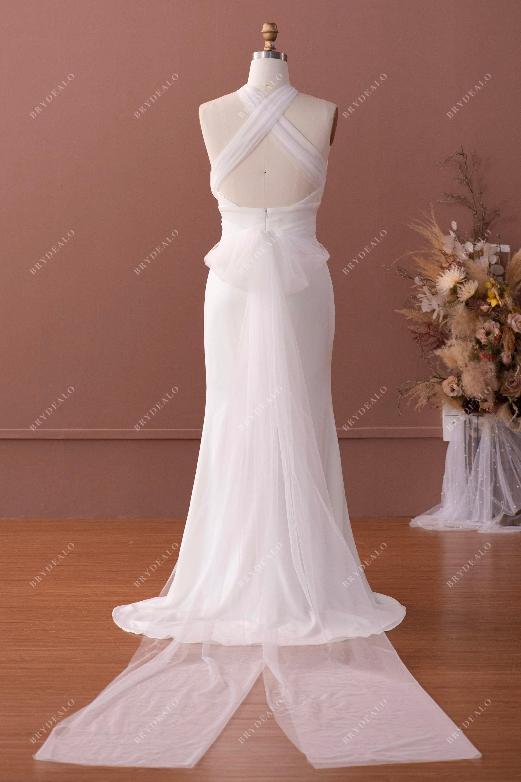 crisscross back informal tulle streamers mermaid wedding dress