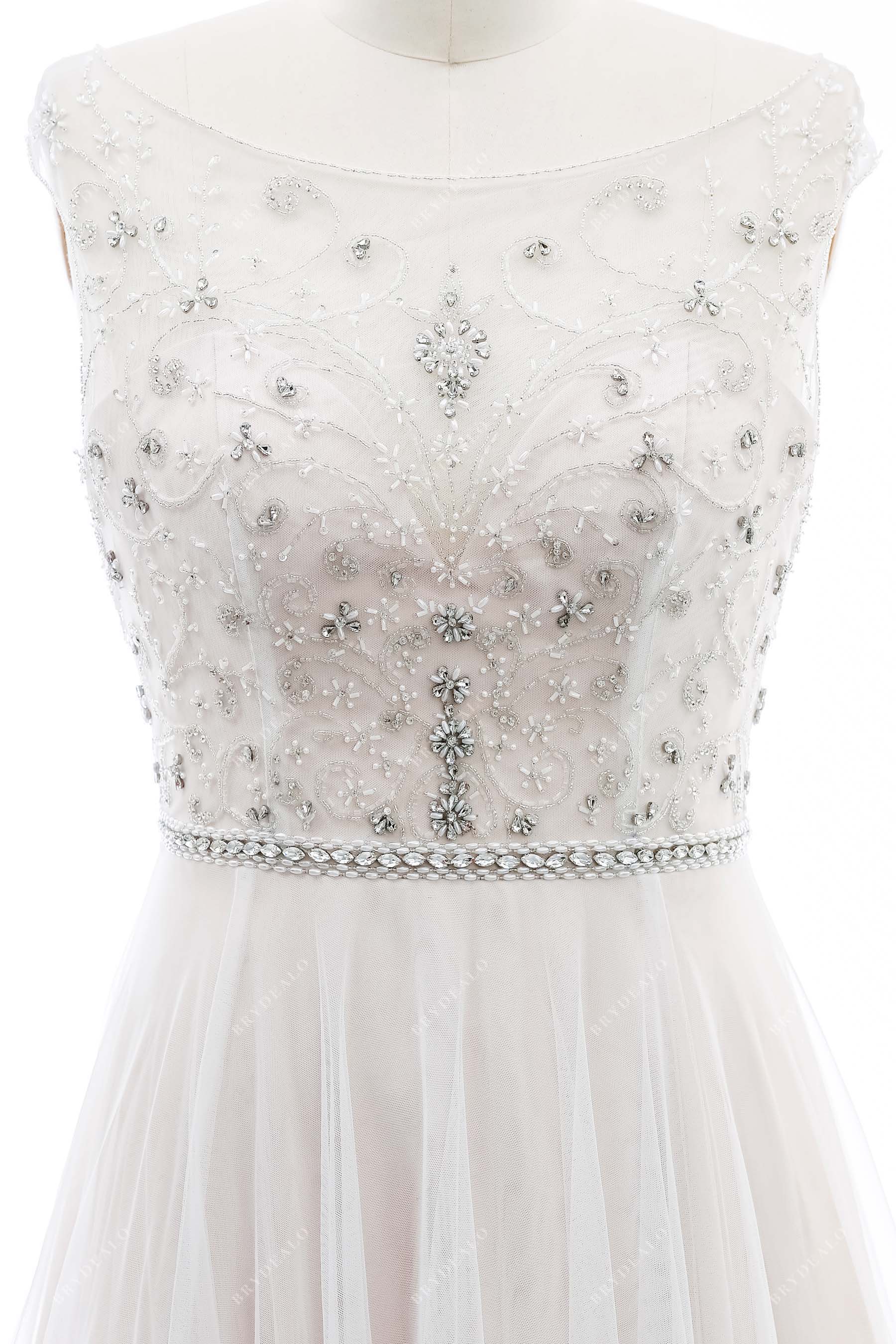 hand-sewn crystals illusion neck plus size wedding dress