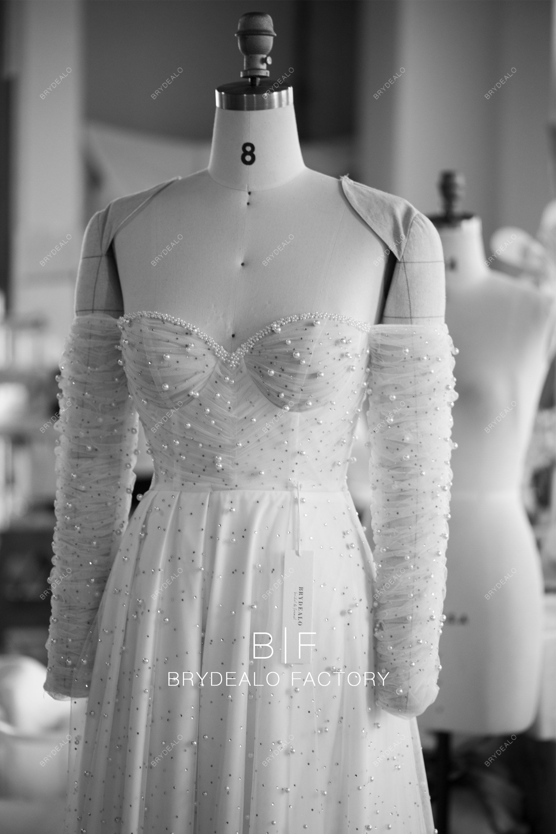 custom pleated sweetheart off shoulder pearls bridal dress