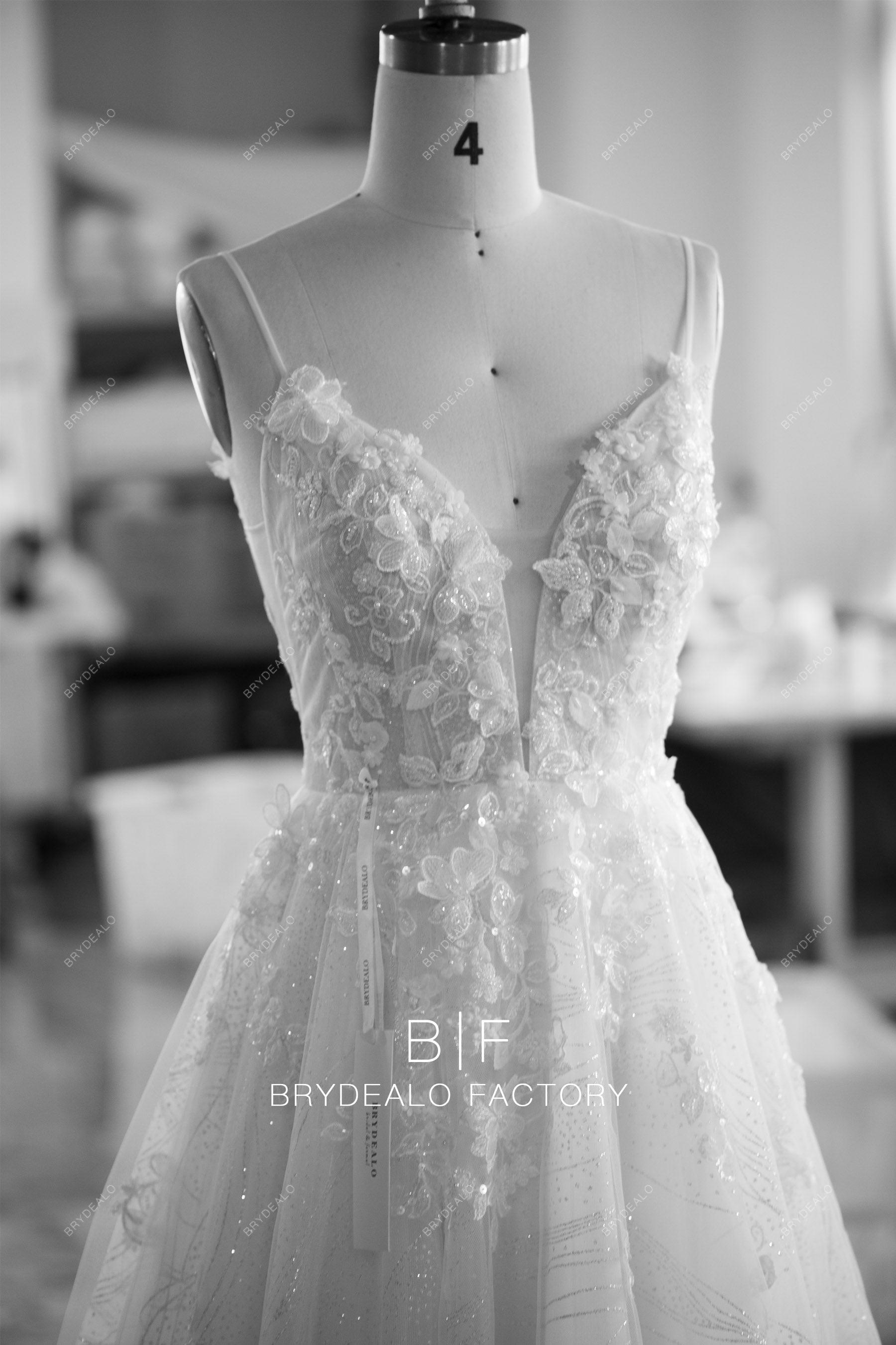 custom plunging neck sleeveless beaded flower lace sparkly wedding gown