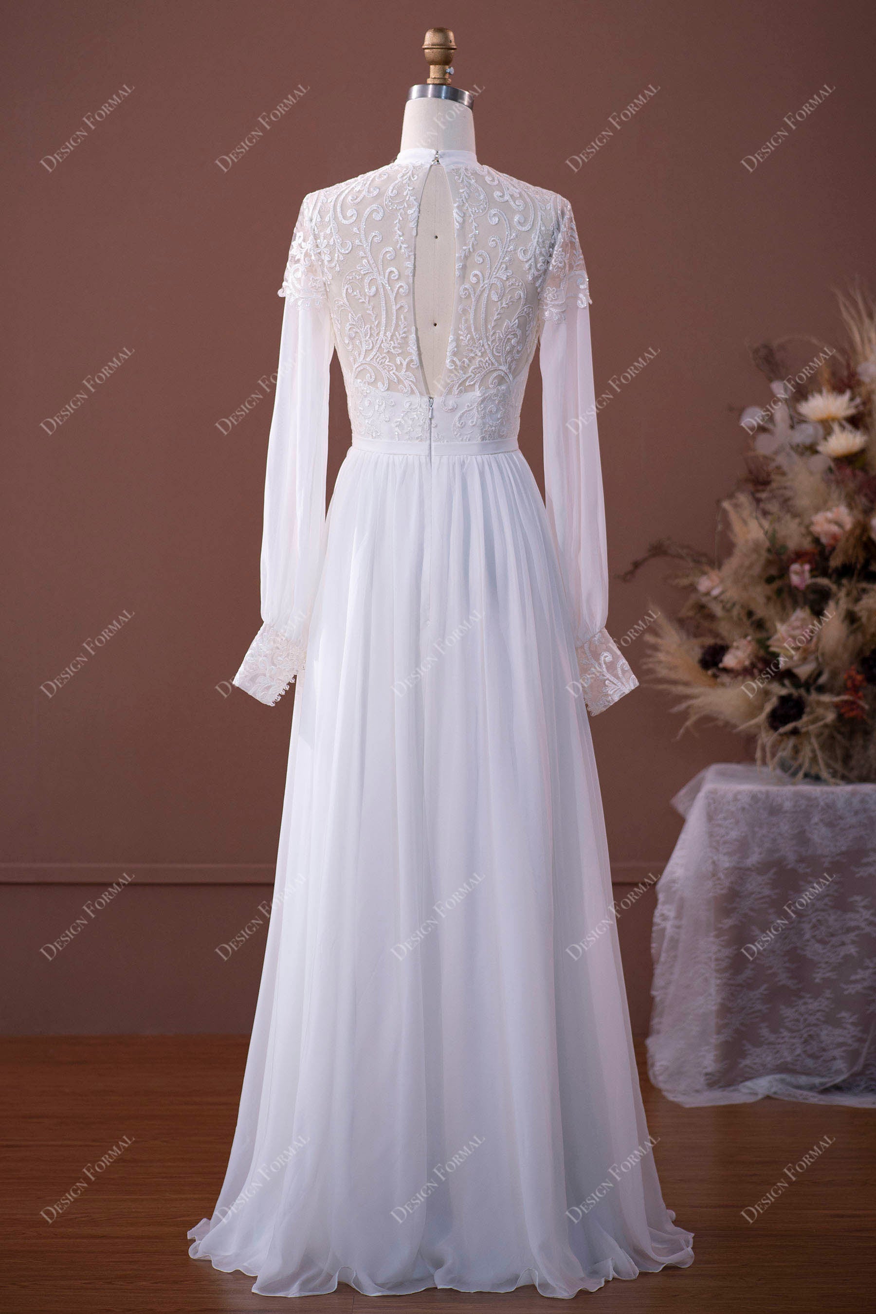 High Neck Lace Chiffon Wedding Dress