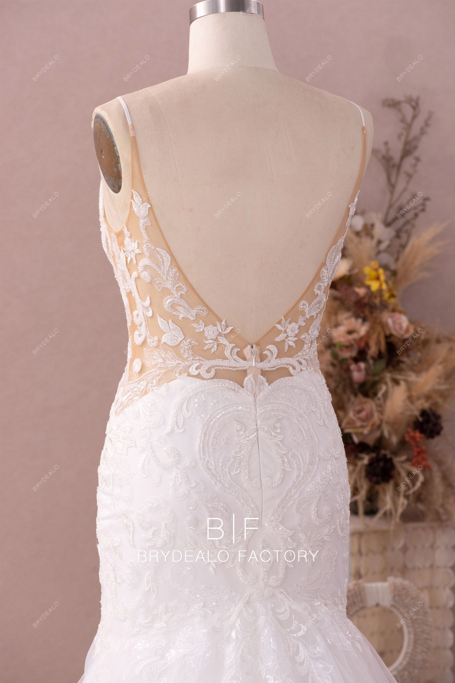 open back side cutout lace crepe wedding dress