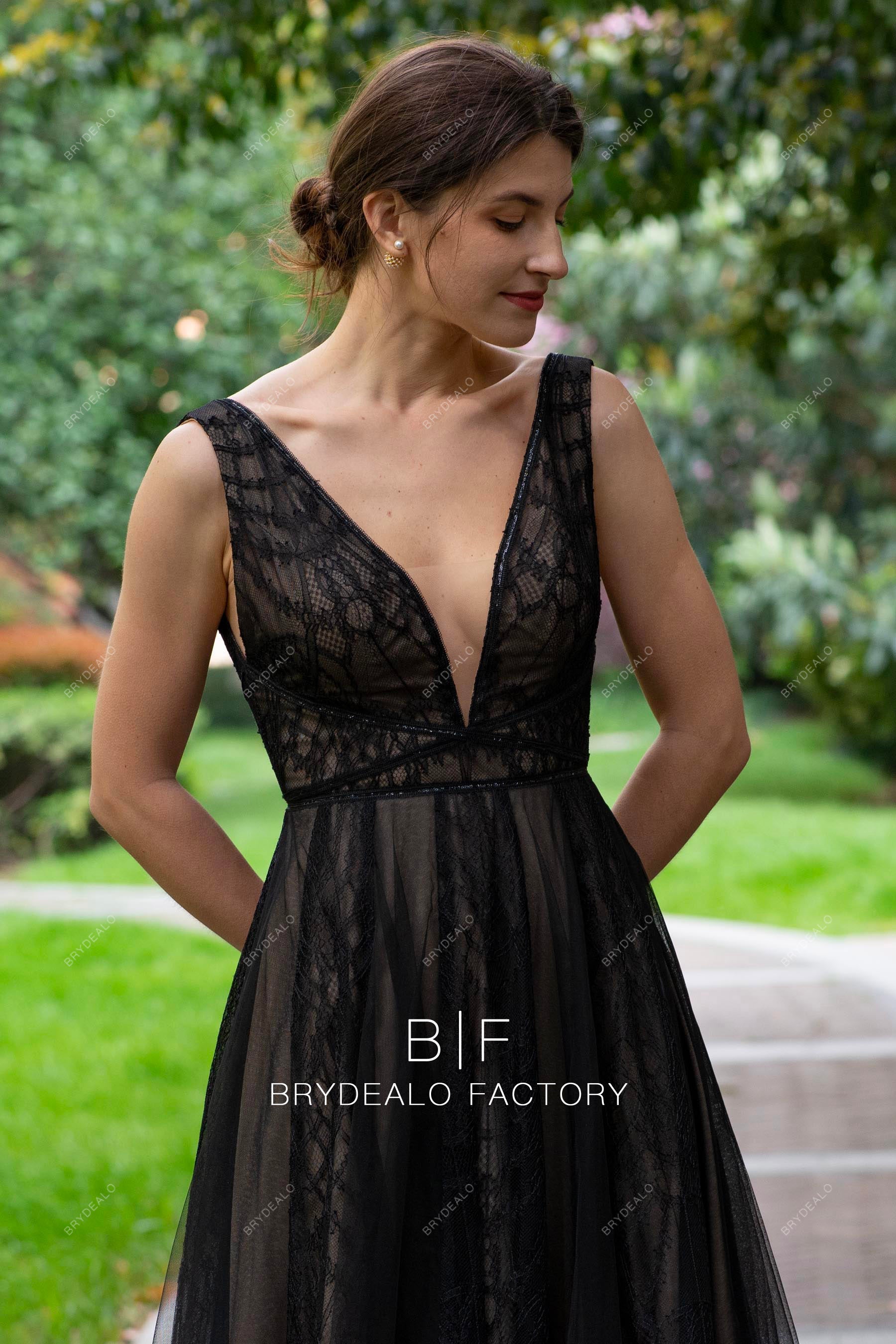 Black Plunging Neck Designer Lace Tulle Gothic Wedding Dress Black Plunging Neck Designer Lace Tulle Gothic Wedding Dress
