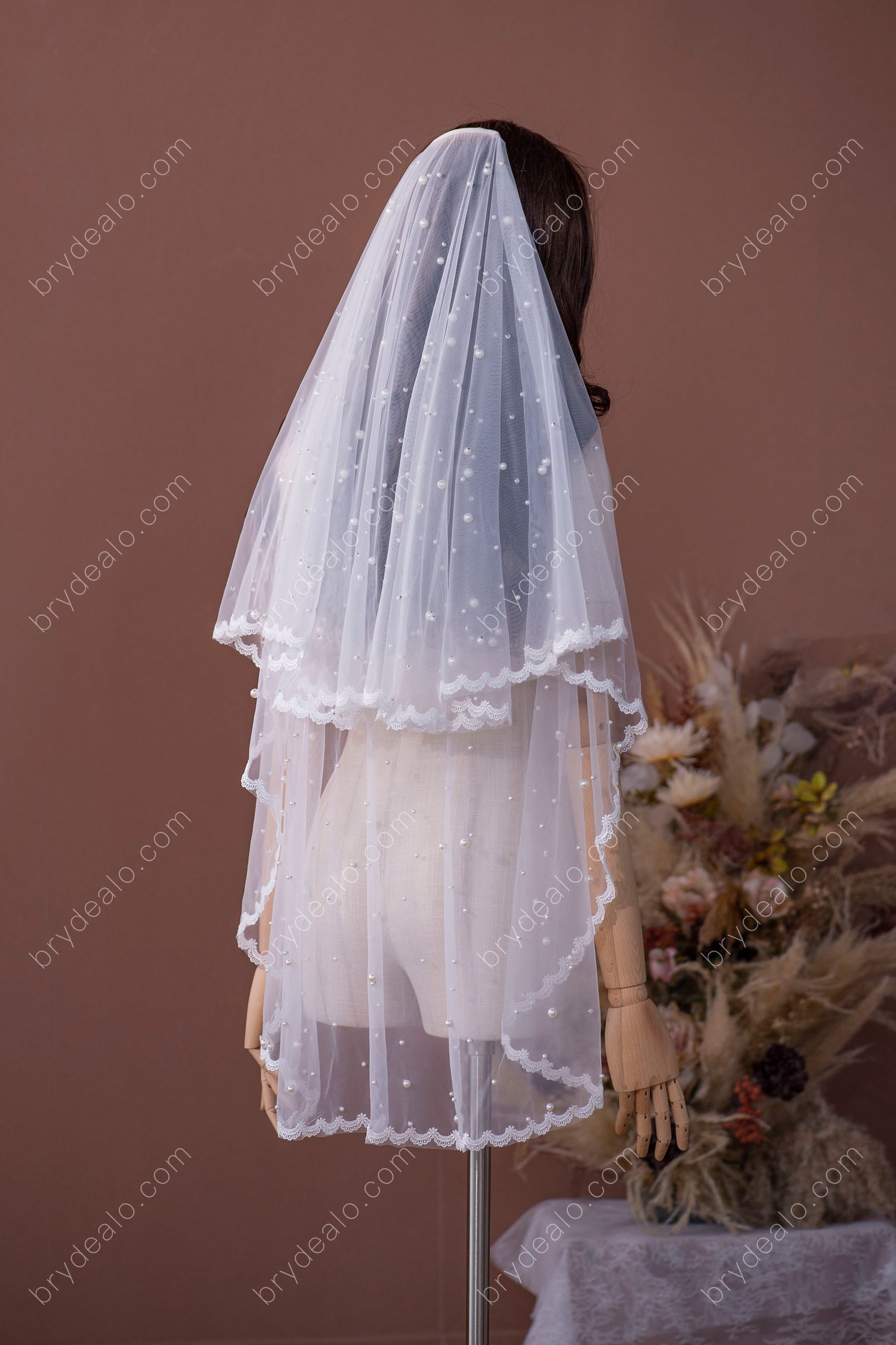 elegant pearls lace edge wedding veil
