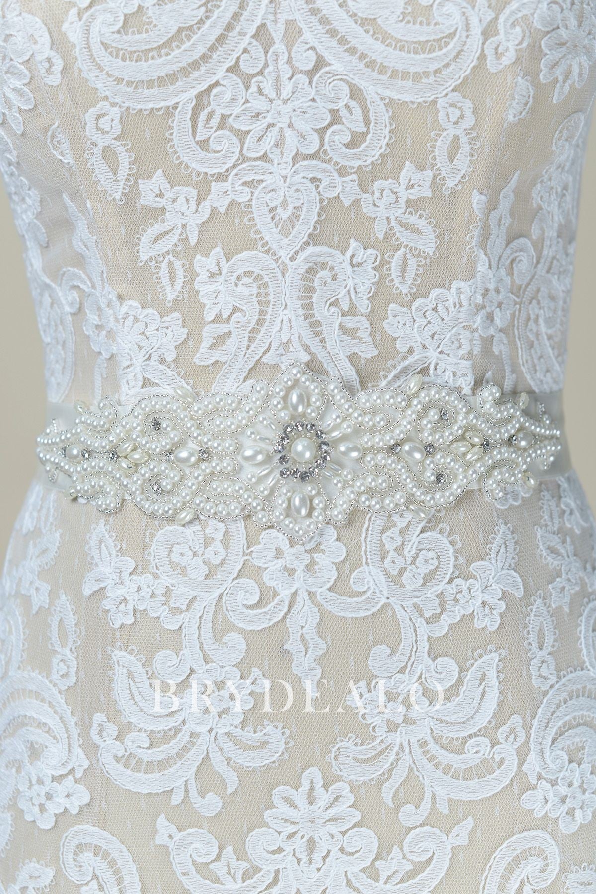 Delicate Pearls Crystals Satin Bridal Sash Belt for Dresses