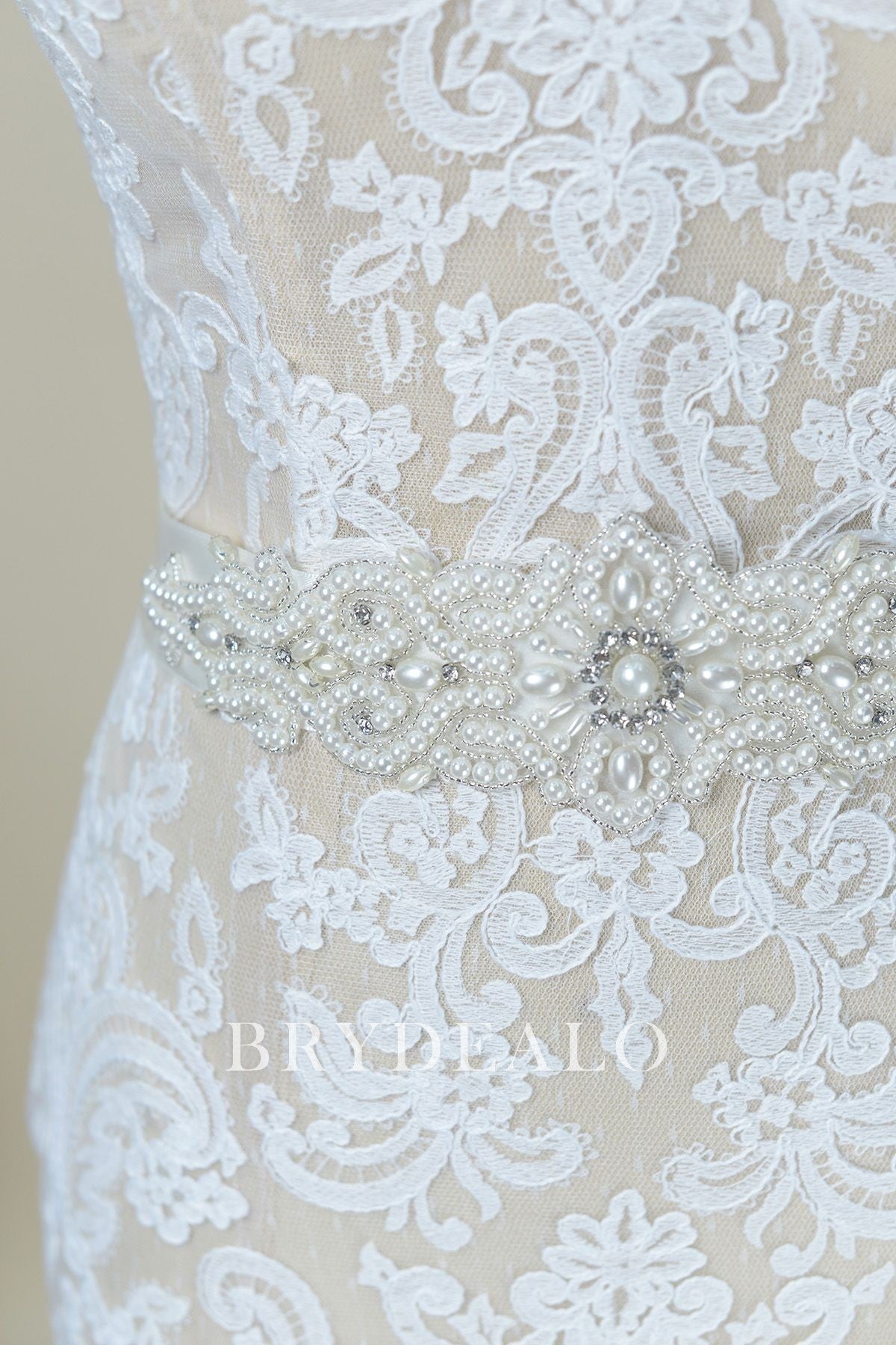 Delicate Pearls Crystals Satin Bridal Sash for sale