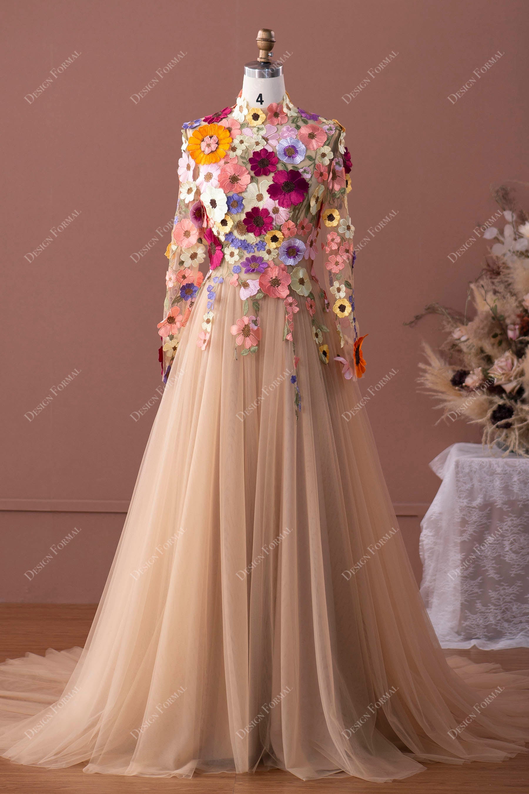 Designer Colorful Wild Flowers Fairytale Sleeved A-line Wedding Dress