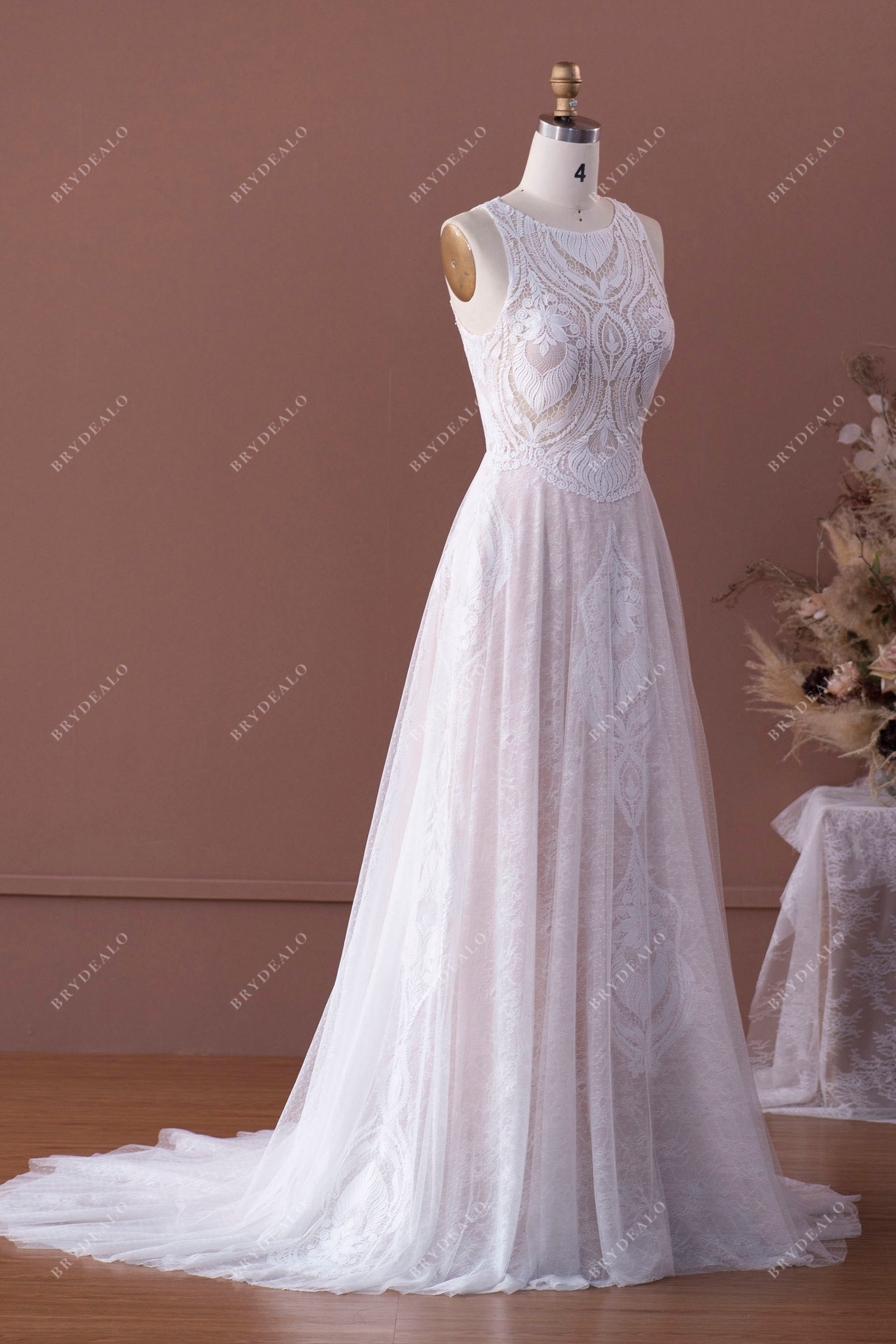 designer lace sleeveless boho wedding dress