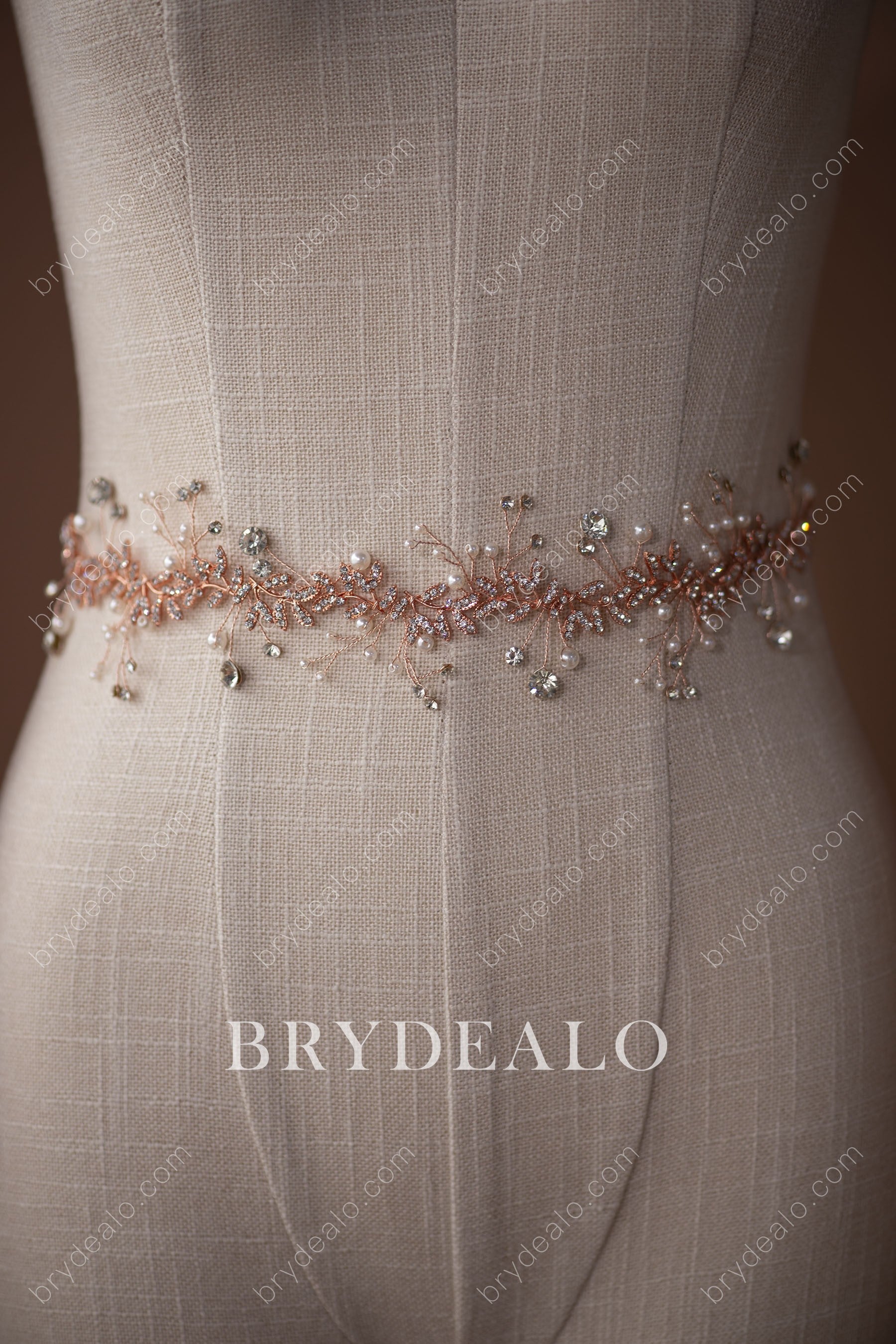 Designer Pearls Crystals Rose Gold Bridal Sash Belt