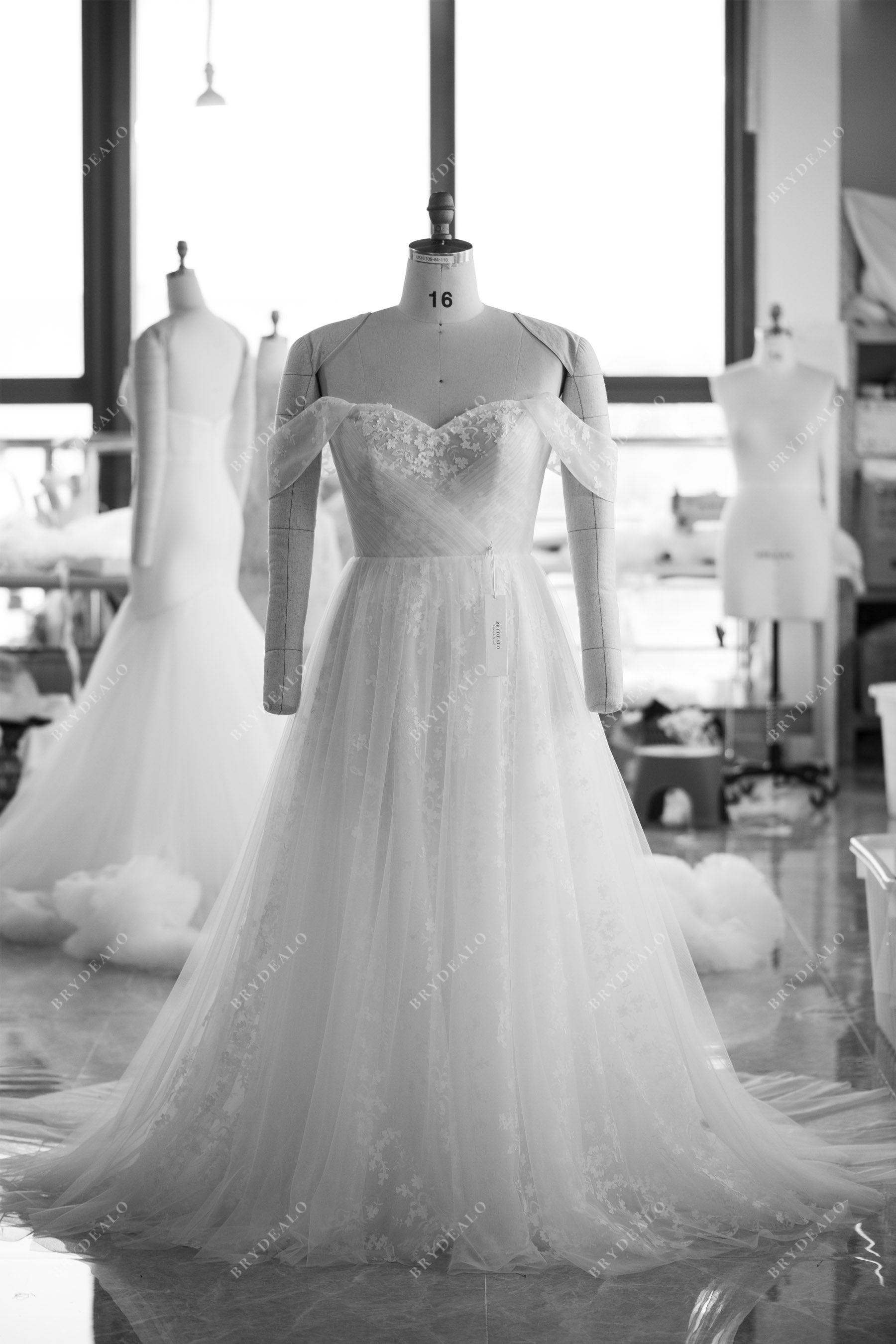 off-shoulder pleated tulle lace wedding dress