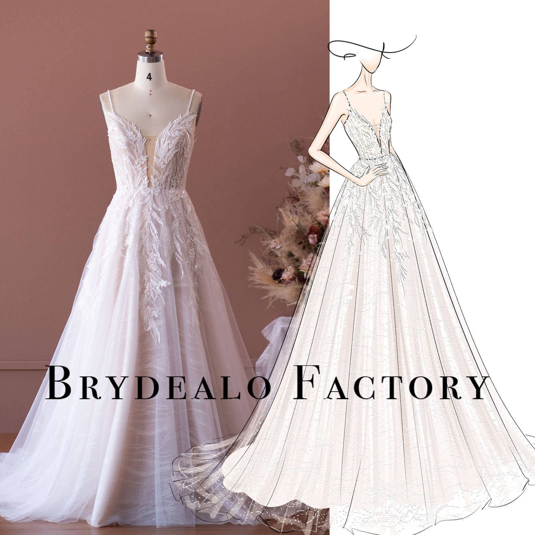Designer Strap Plunging Shimmery Lace A-line Wedding Dress