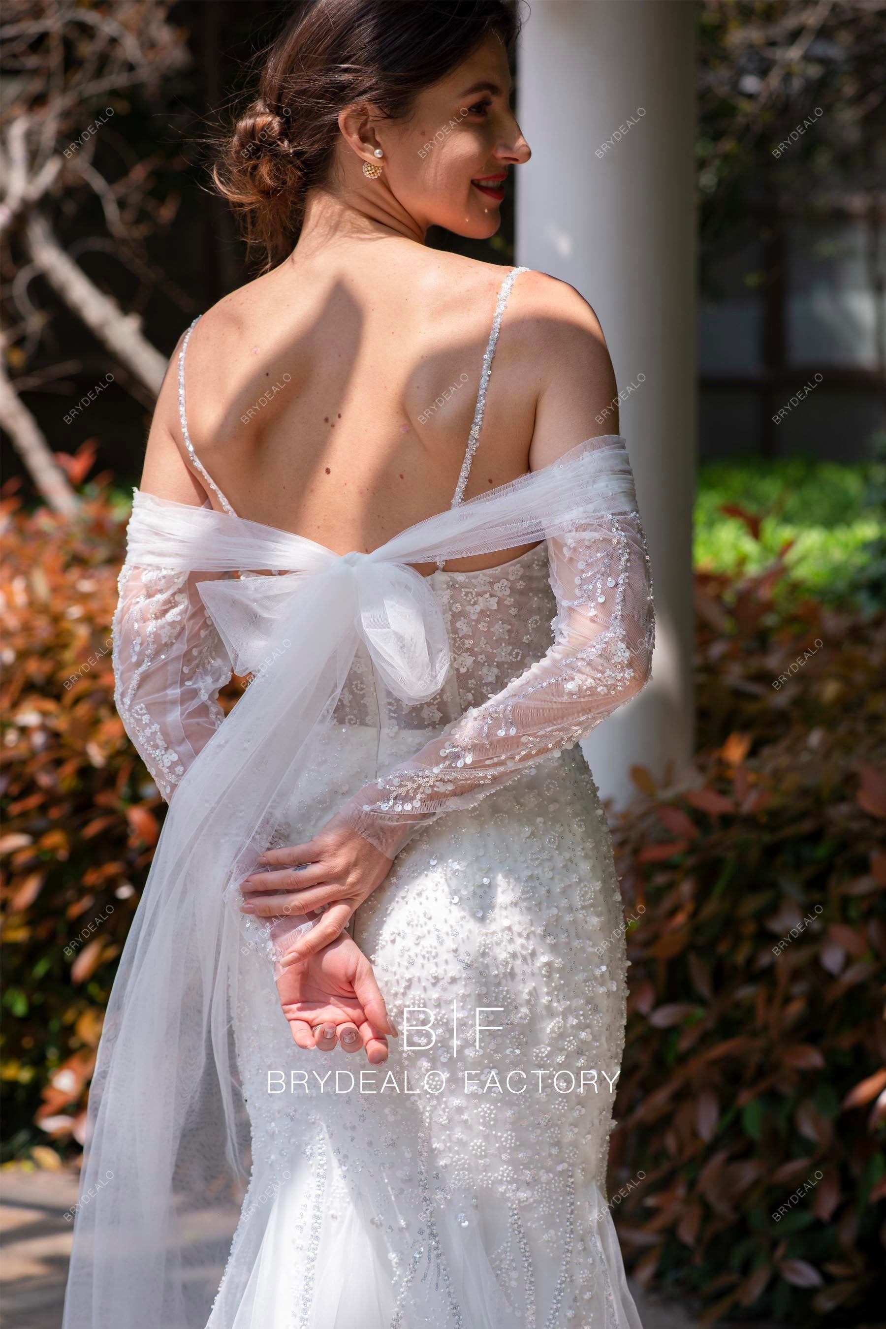 white detachable long tulle panel wedding dress
