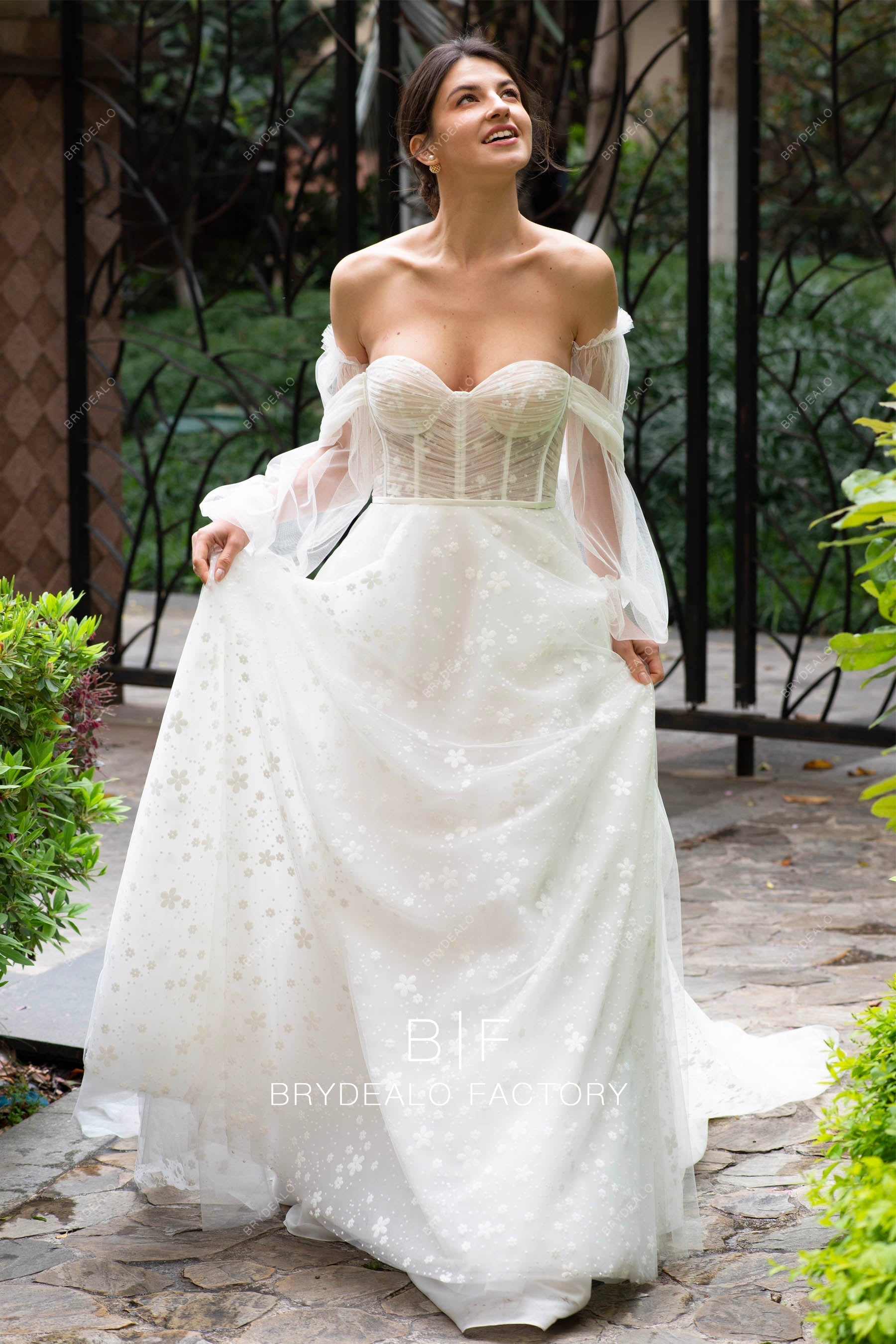 designer off shoulder sleeves sparkly floral wedding dress