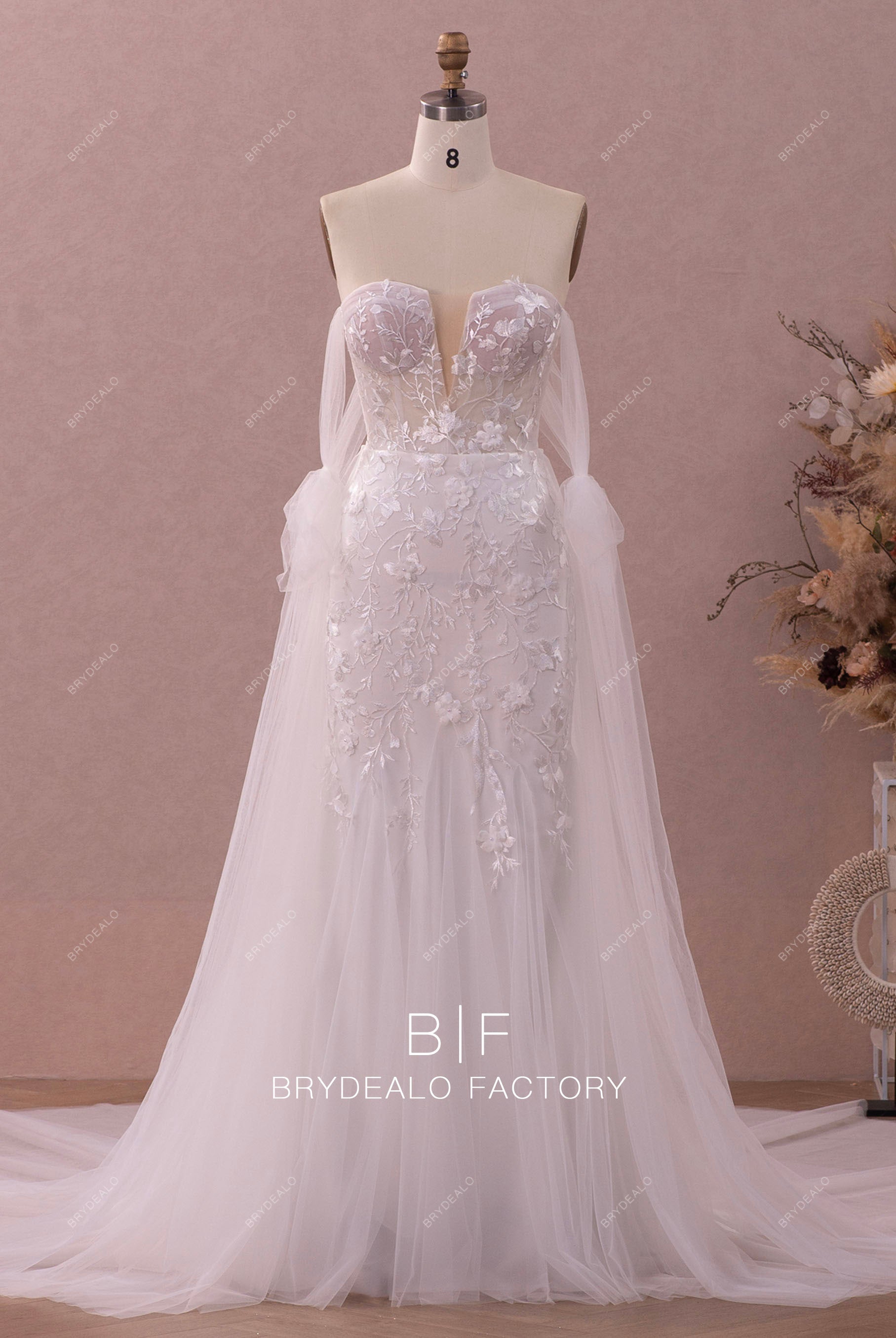 removable tulle overskirt V-cut lace wedding dresss