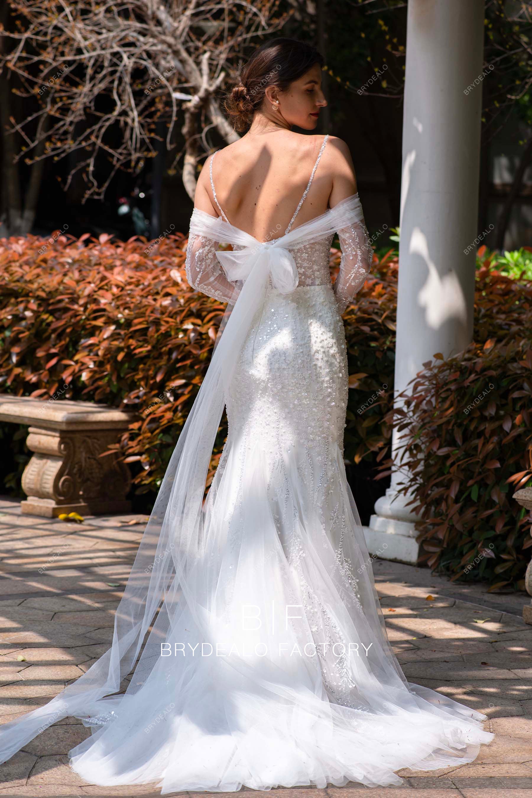 detachable tulle bowknot white mermaid wedding dress