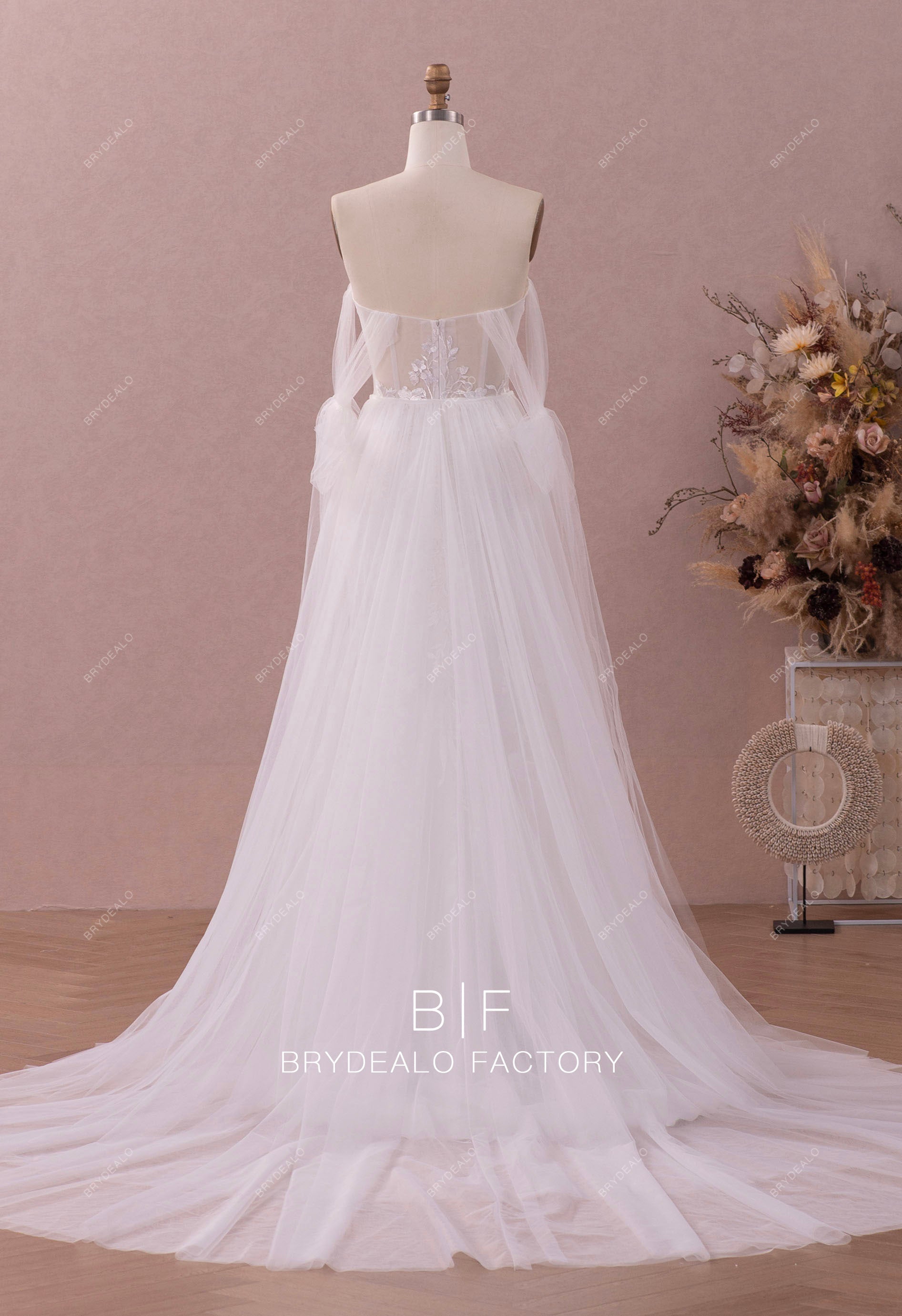 illusion lace overskirt off shoulder tulle straps wedding dress